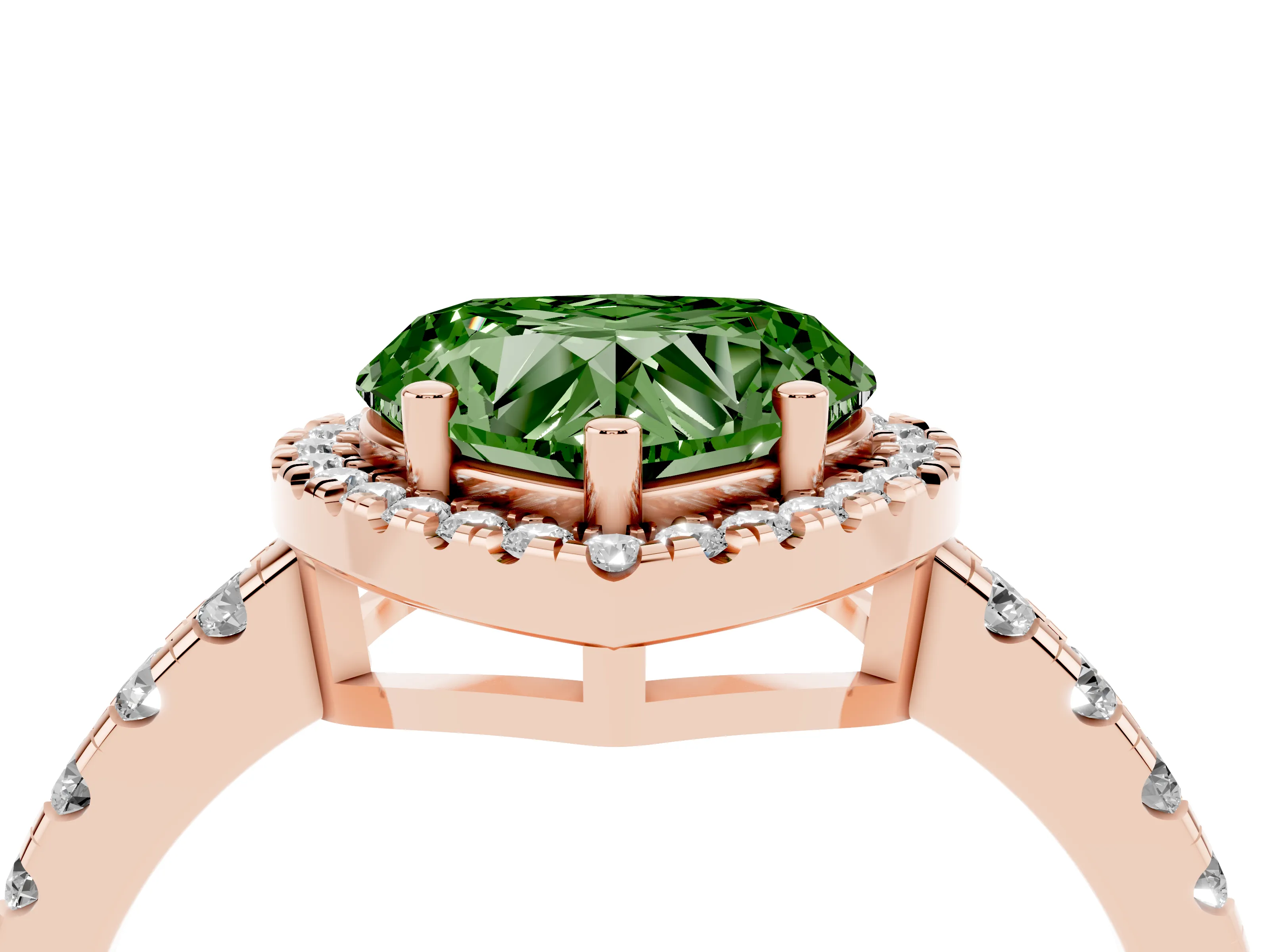 Fancy Green Heart Cut Diamond Halo Ring Set in Rose gold with Delicate Pavé Band and Prong Setting