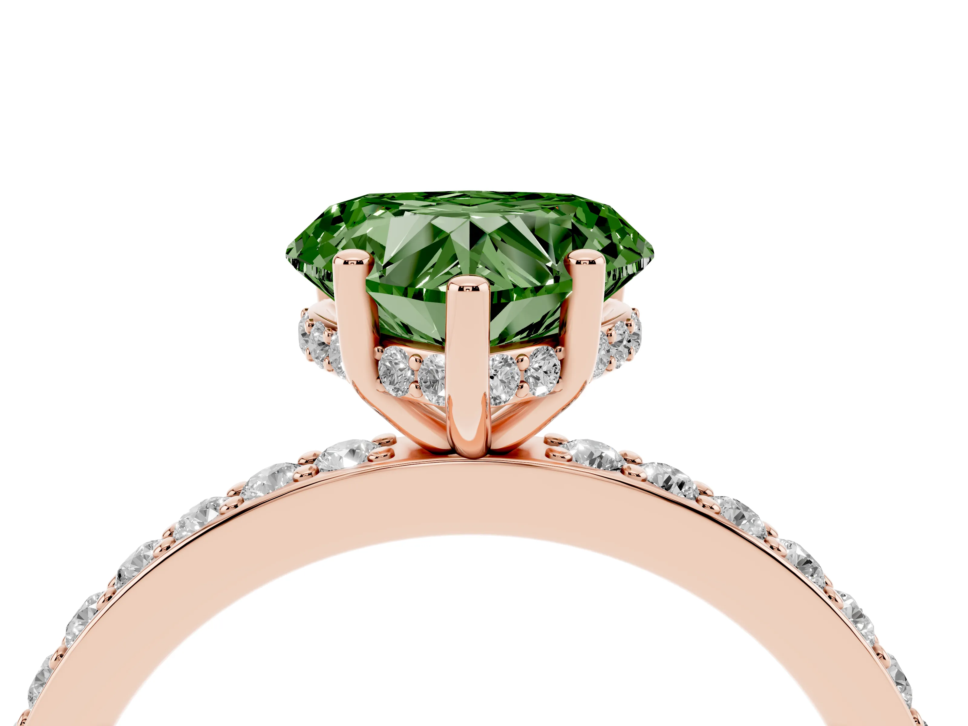 Fancy Green Heart Cut Diamond Pavé Band Ring Set in Rose gold with Prong-Set Center Stone