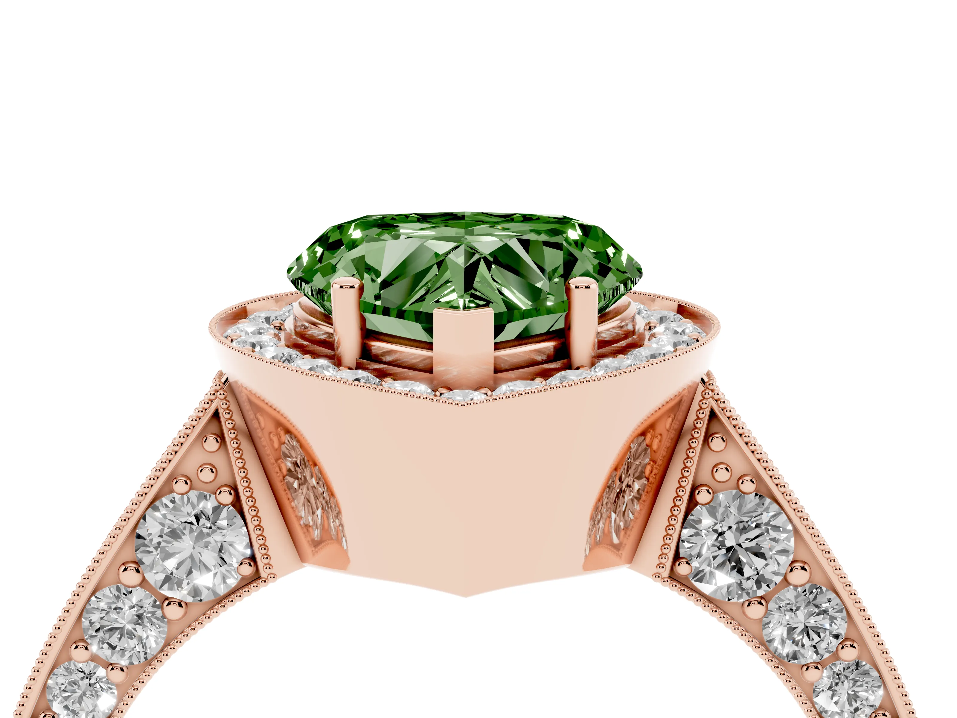Fancy Green Heart Cut Diamond Halo Engagement Ring Set in Rose gold with Accent Split Shank Band