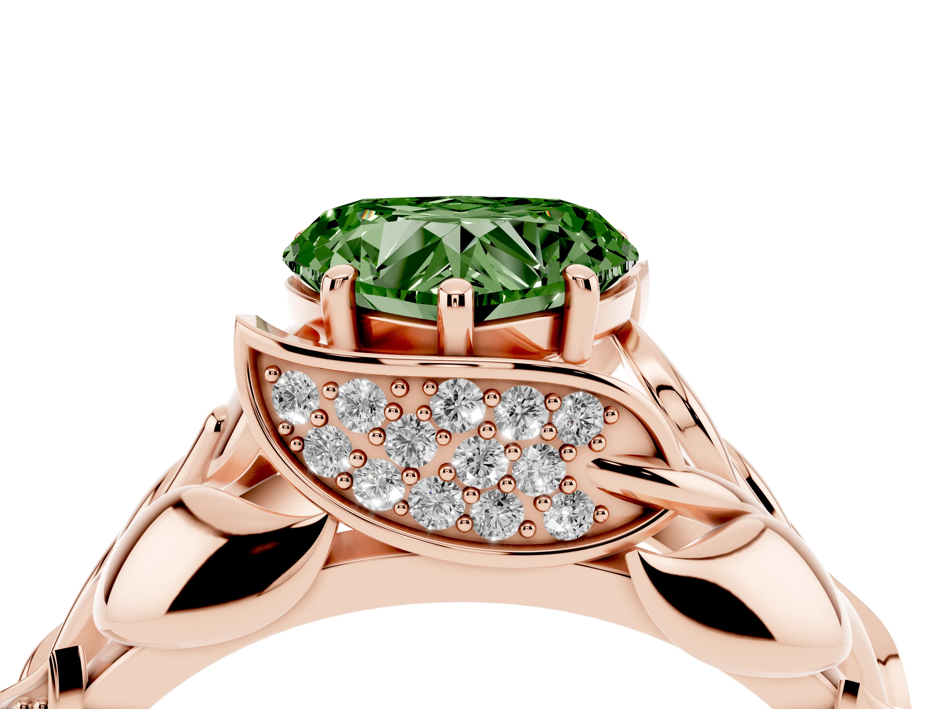 Fancy Green Heart Cut Diamond Leaf-Inspired Engagement Ring Set in Rose gold with Round Accents