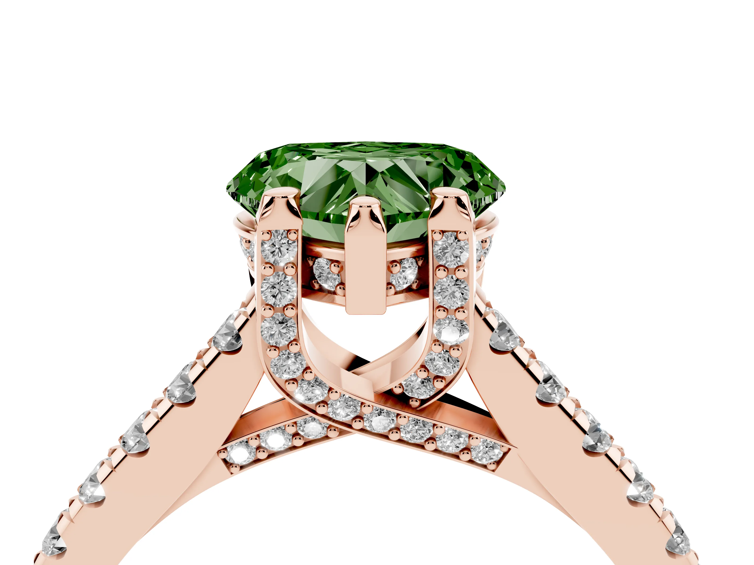 Fancy Green Heart Cut Diamond Solitaire Ring Set in Rose gold with Brilliant Pavé Band and Prong Setting