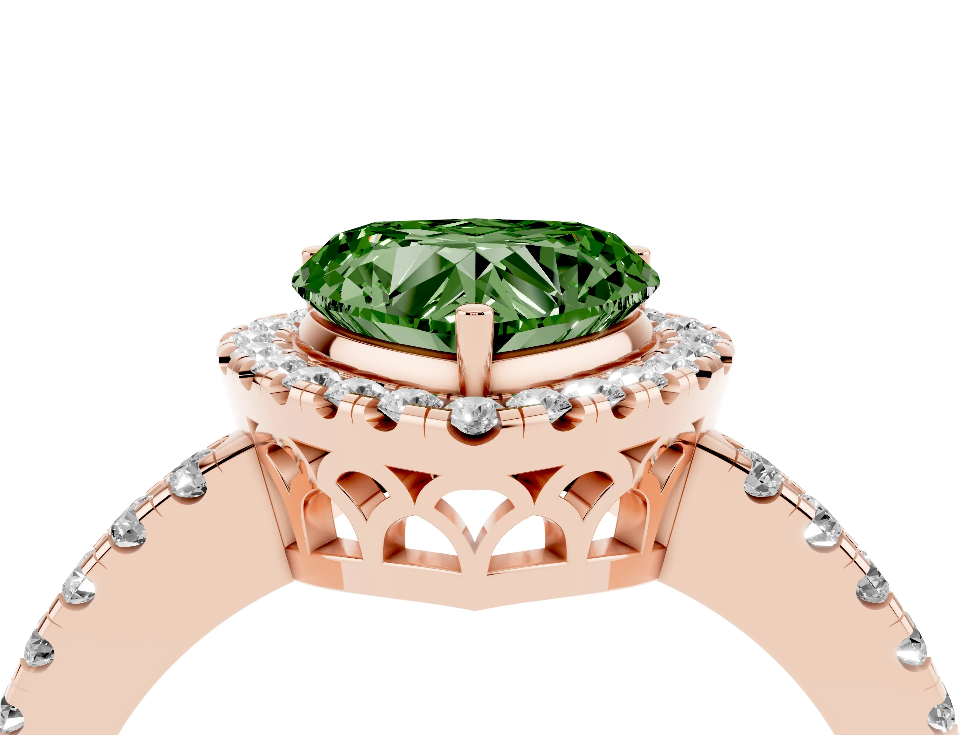 Fancy Green Heart Cut Diamond Pavé Band Halo Engagement Ring Set in Rose gold with Prong Setting