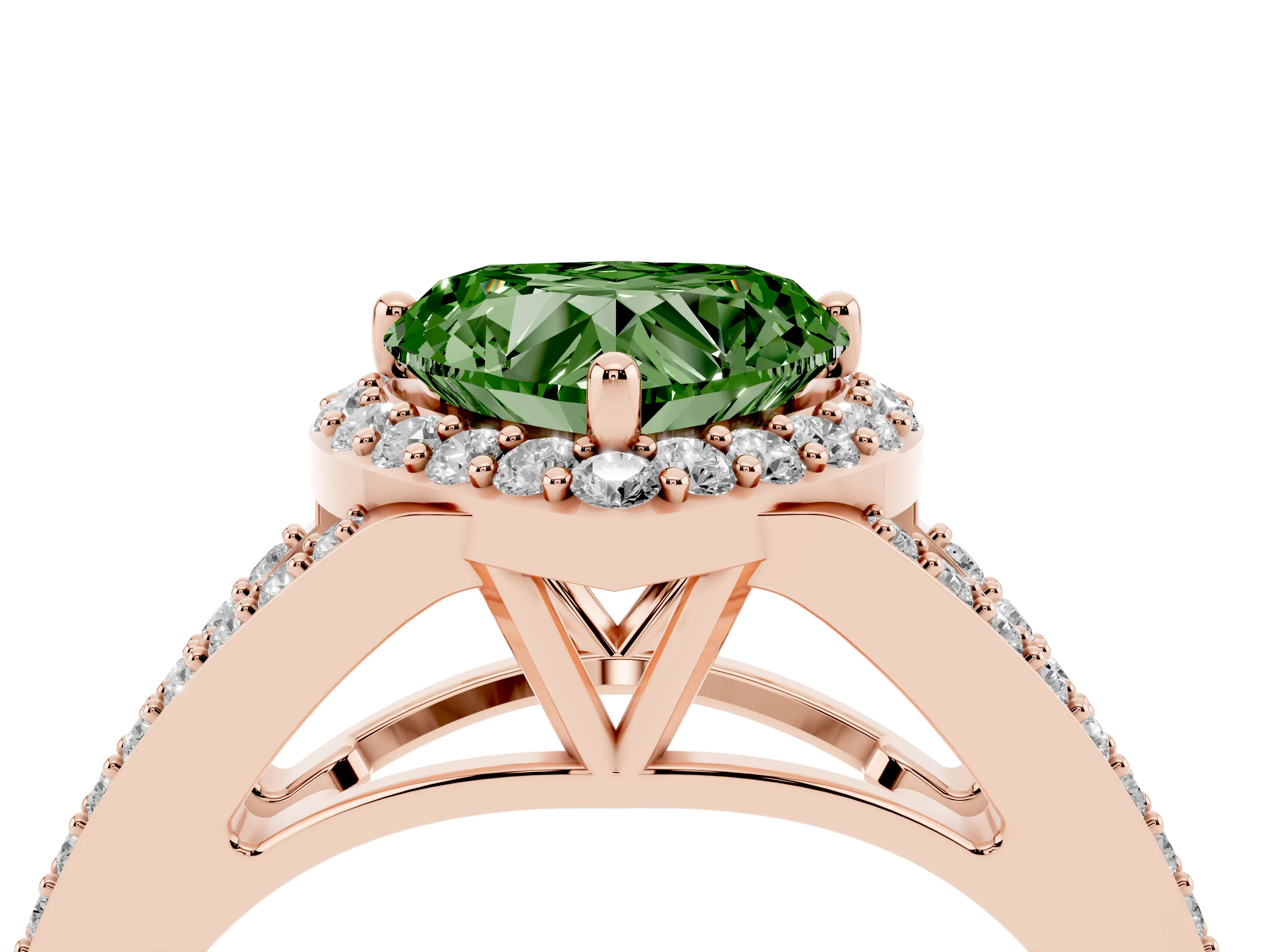 Fancy Green Heart Cut Diamond Halo Split Shank Pavé Ring Set in Rose gold with Prong Setting