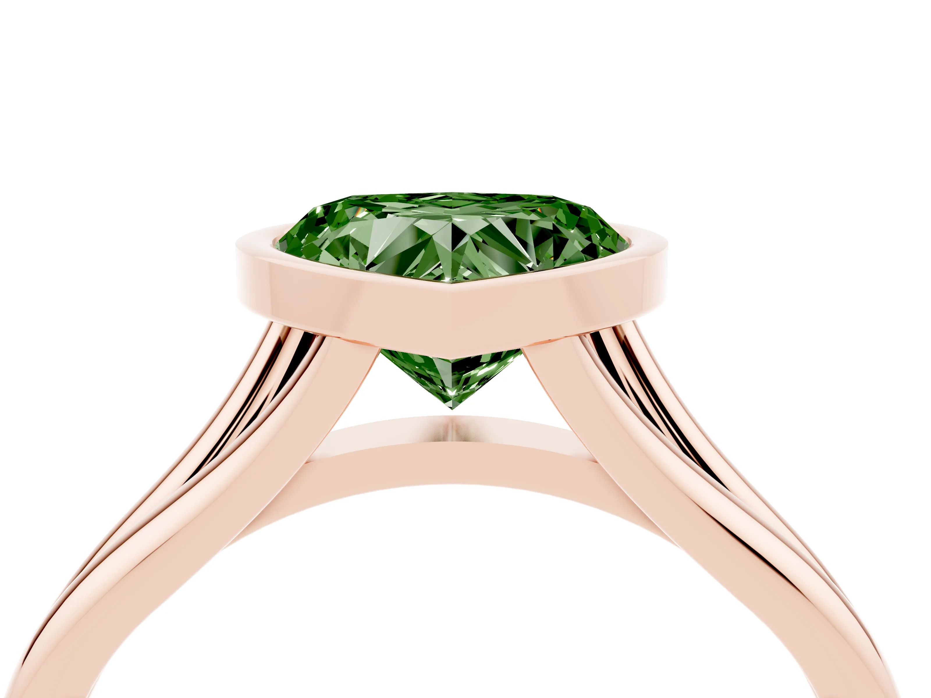 Fancy Green Bezel Set Heart Cut Diamond Solitaire Ring Set in Rose gold with Tapered Band