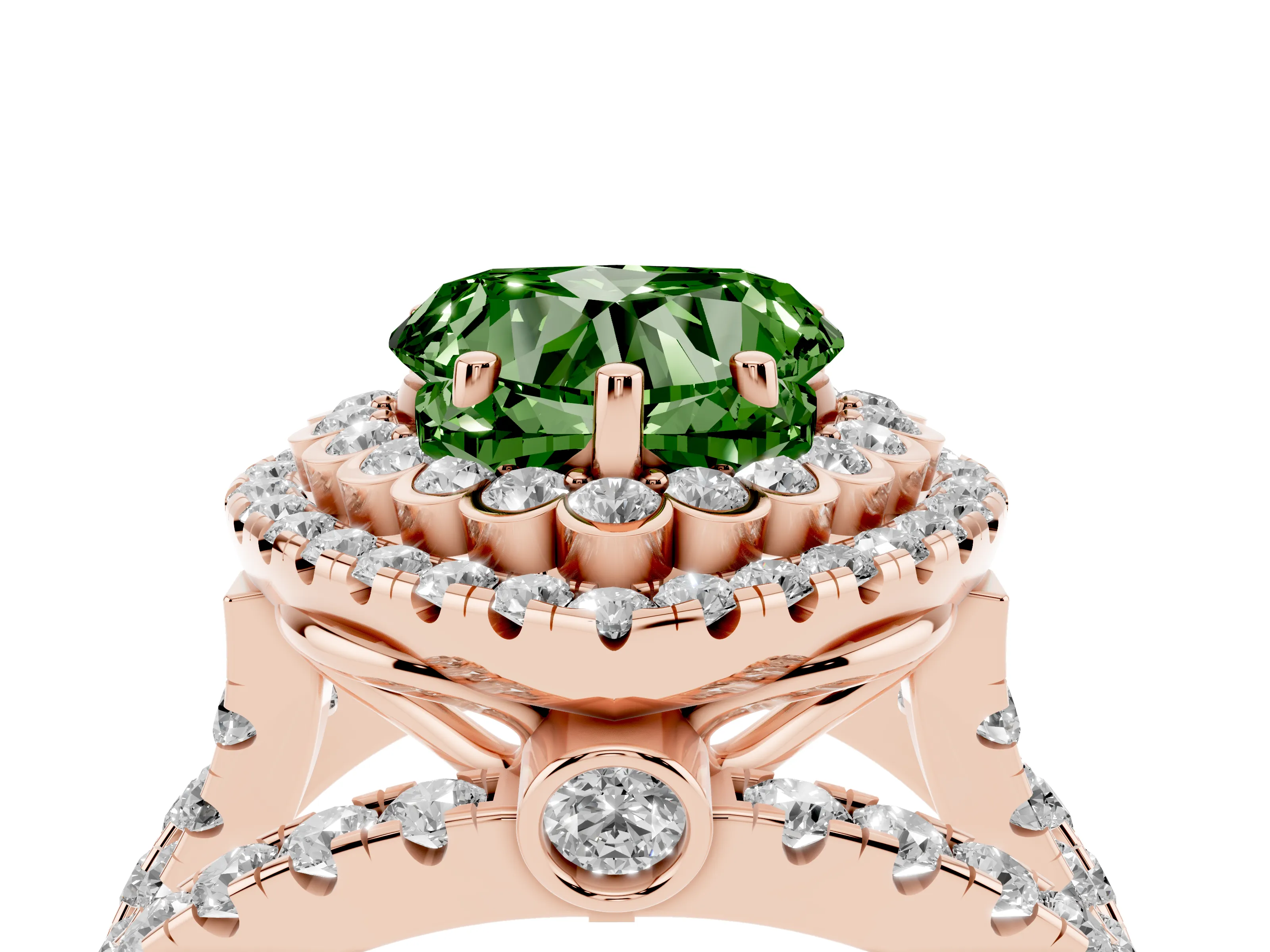 Fancy Green Heart Cut Diamond Double Halo Ring Set in Rose gold with Round Pavé Split Shank