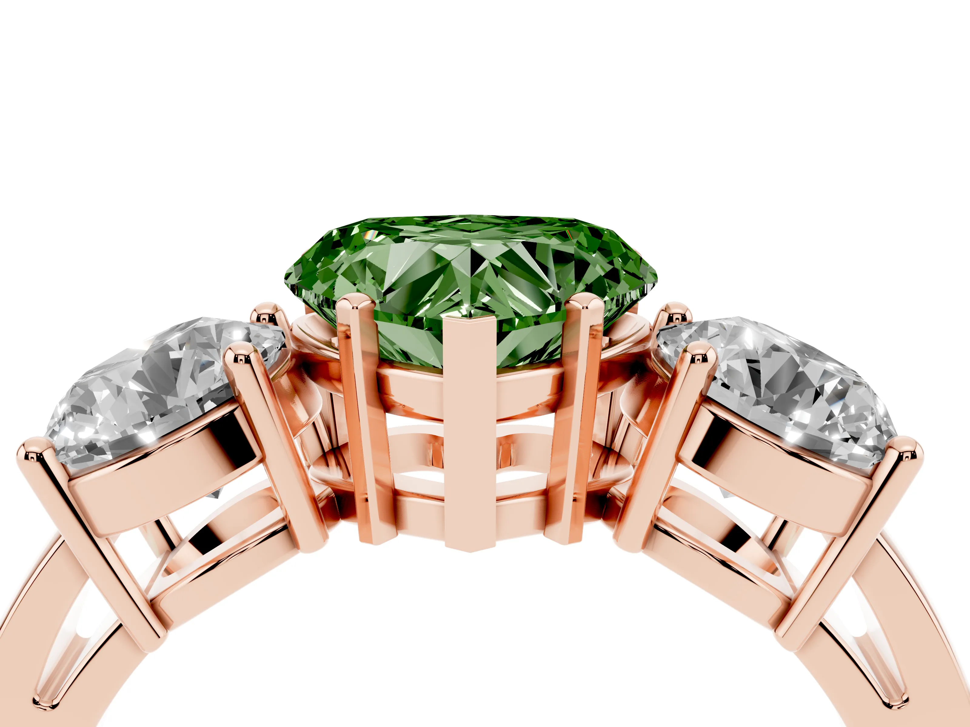 Fancy Green Heart Cut Diamond Three-Stone Ring Set in Rose gold with Round Side Stones and Classic Band