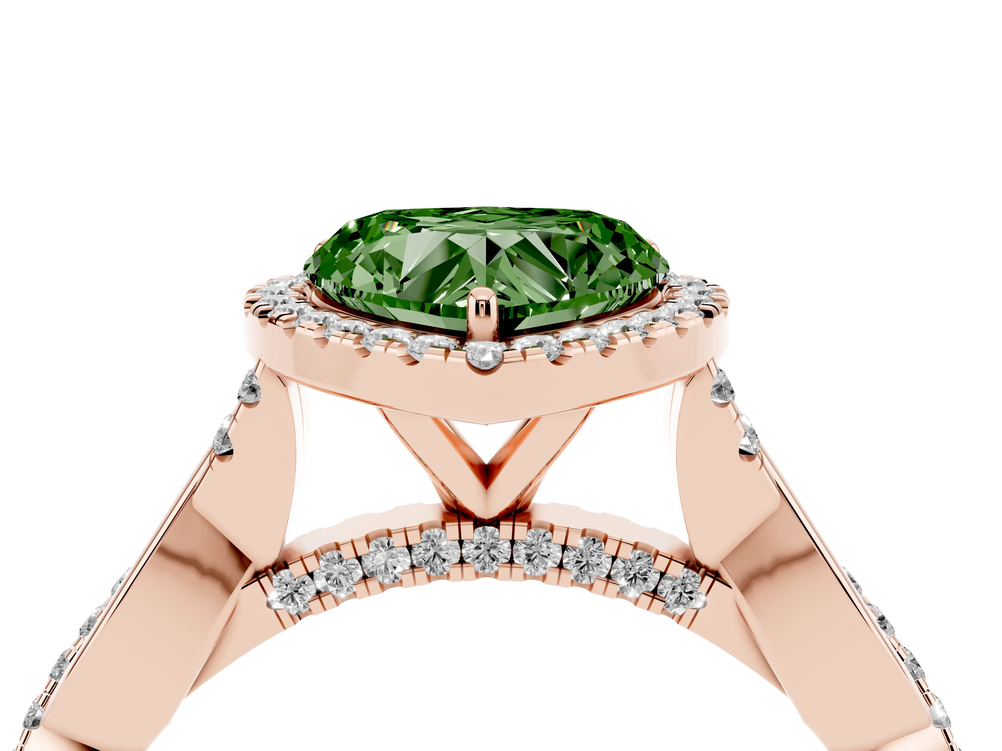 Fancy Green Heart Cut Diamond Halo Twist Band Solitaire Ring Set in Rose gold with Prong Setting