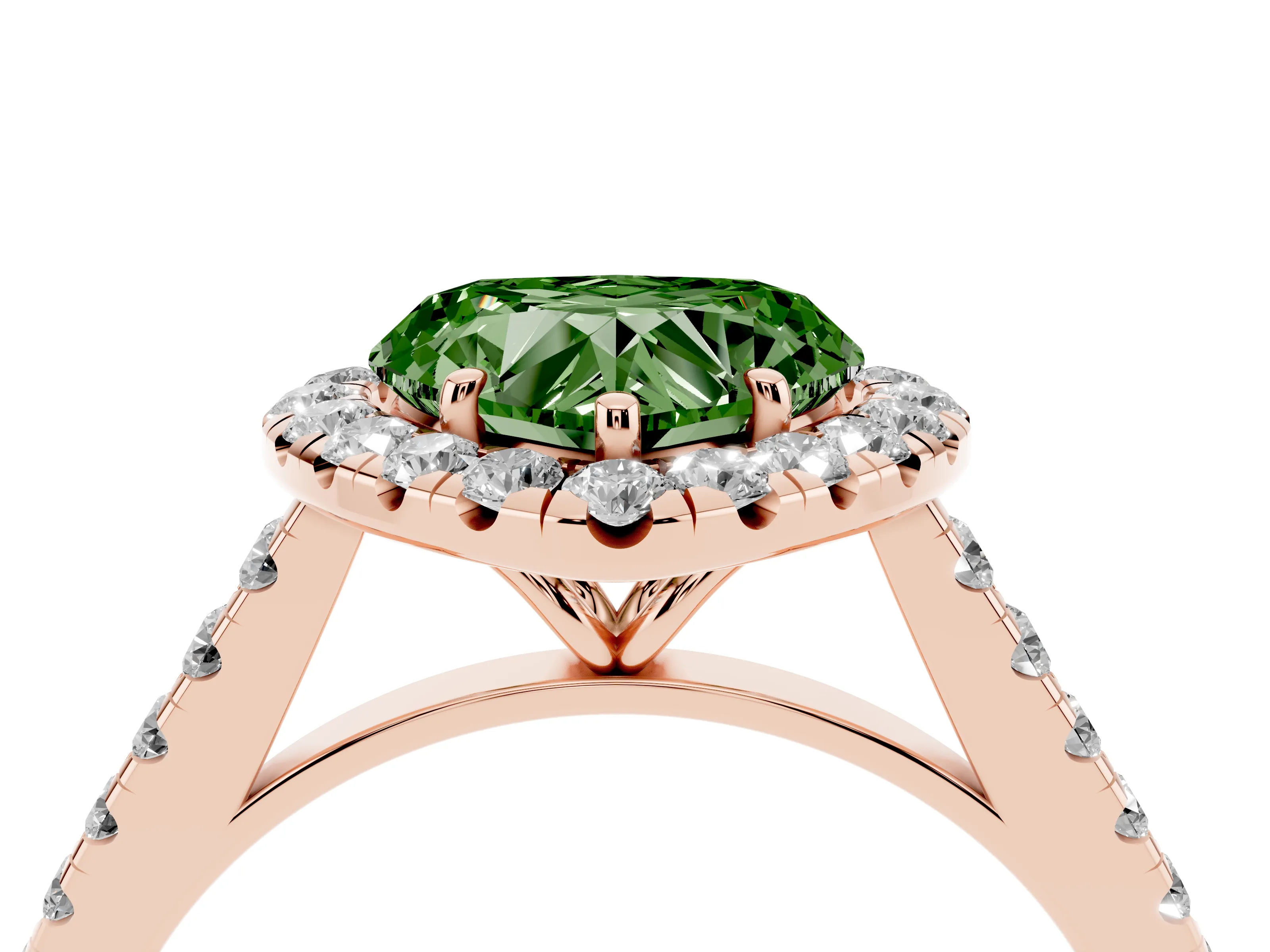 Fancy Green Heart Cut Diamond Halo Pavé Engagement Ring Set in Rose gold with Prong Setting