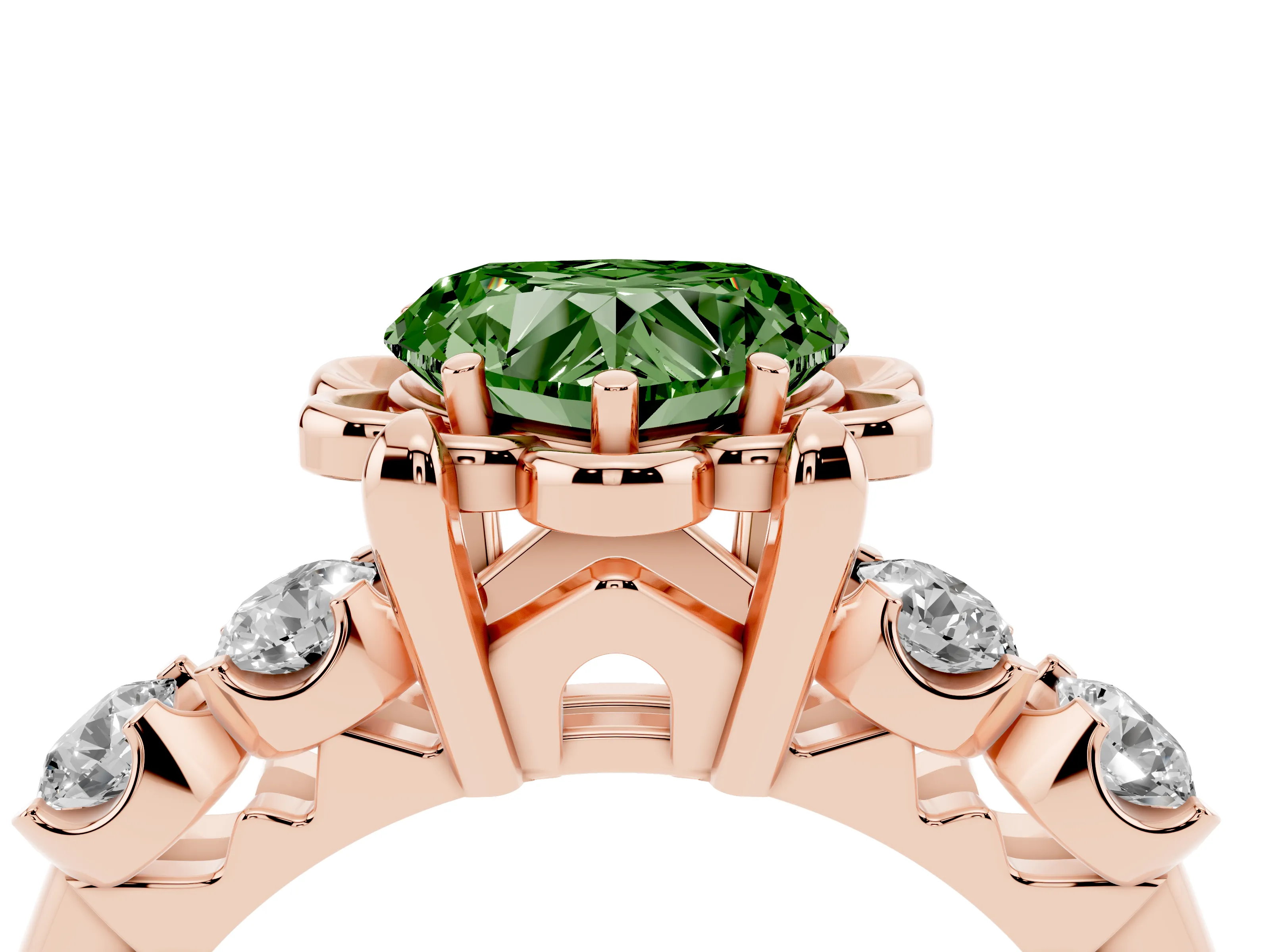 Fancy Green Heart Cut Diamond Floral Halo Ring Set in Rose gold with Shared Prong Band