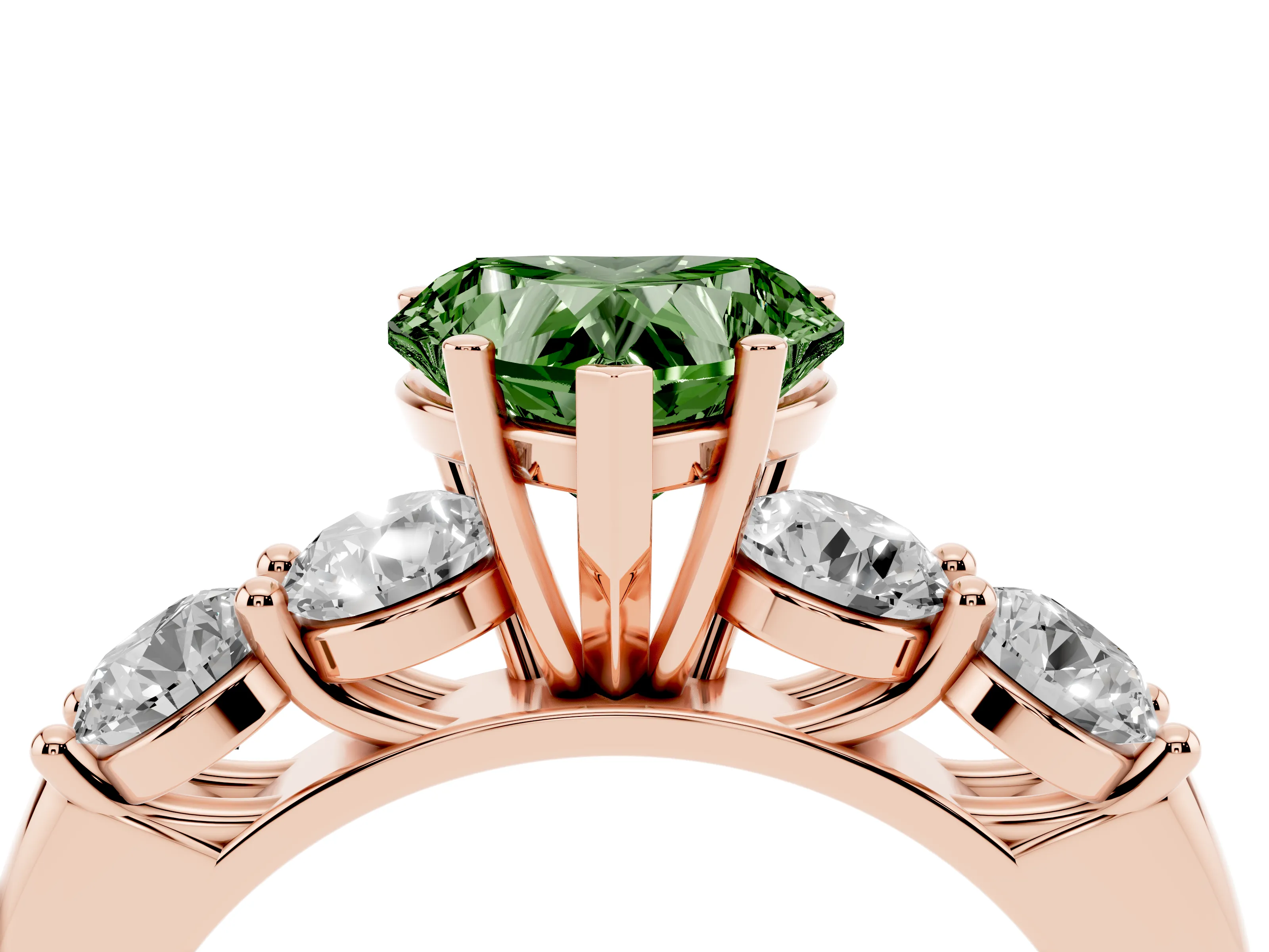 Fancy Green Heart Cut Diamond Five-Stone Prong Set Ring Set in Rose gold with Classic Band