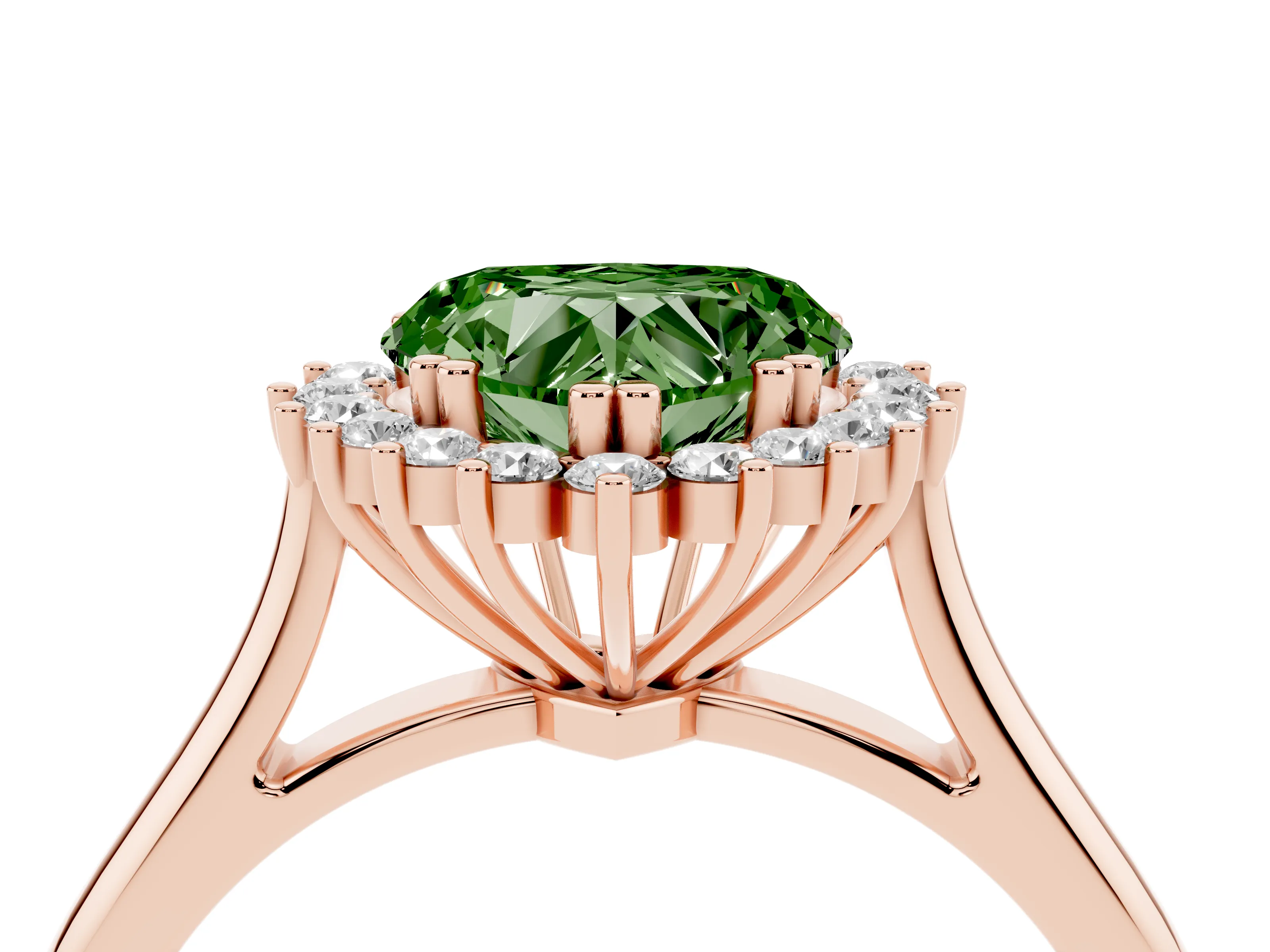 Fancy Green Heart Cut Diamond Halo Ring Set in Rose gold with Plain Solitaire Band and Prong Setting
