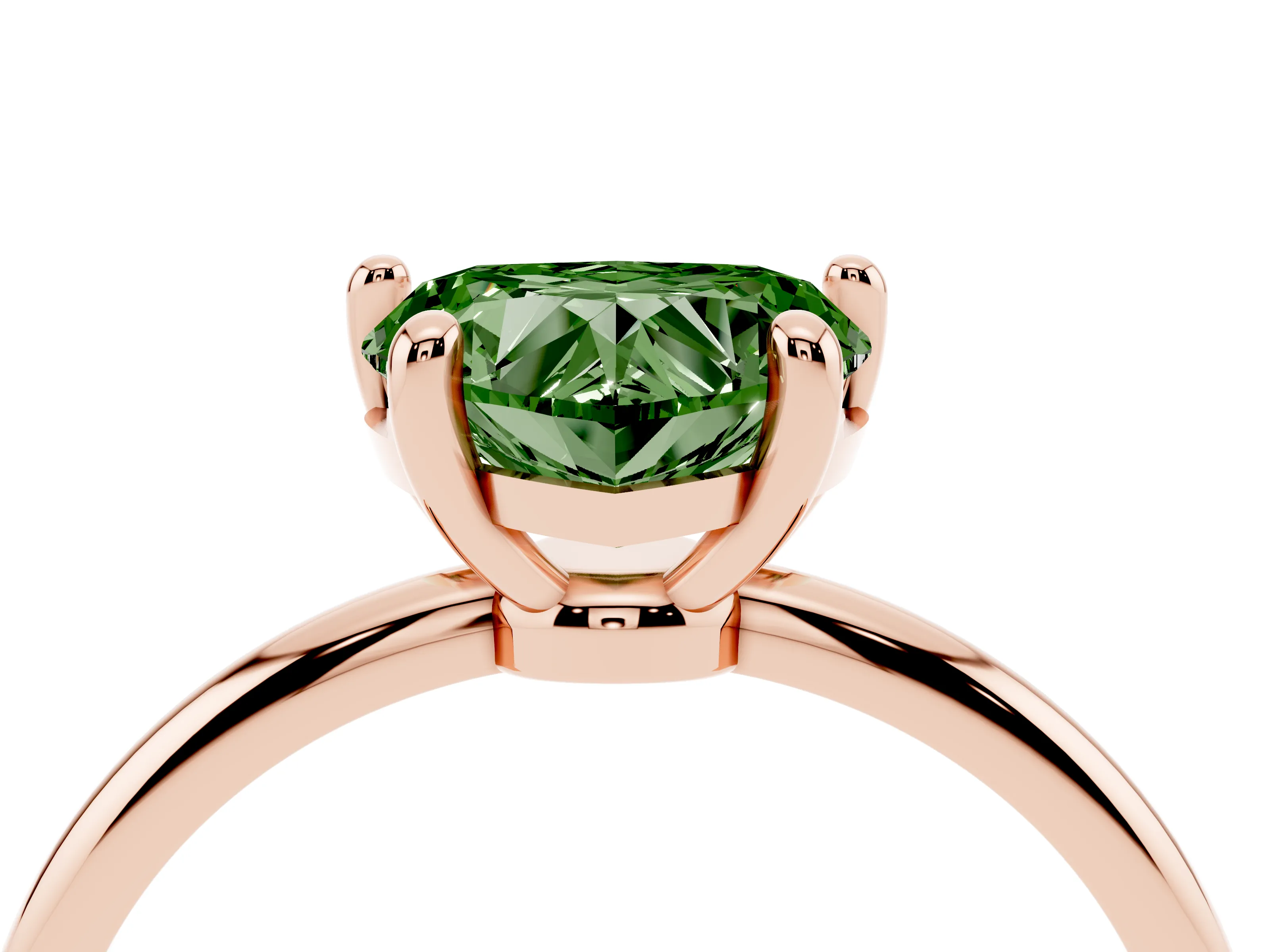 Fancy Green Heart Cut Diamond Solitaire Ring Set in Rose gold with Secure Prong Setting on a Classic Band