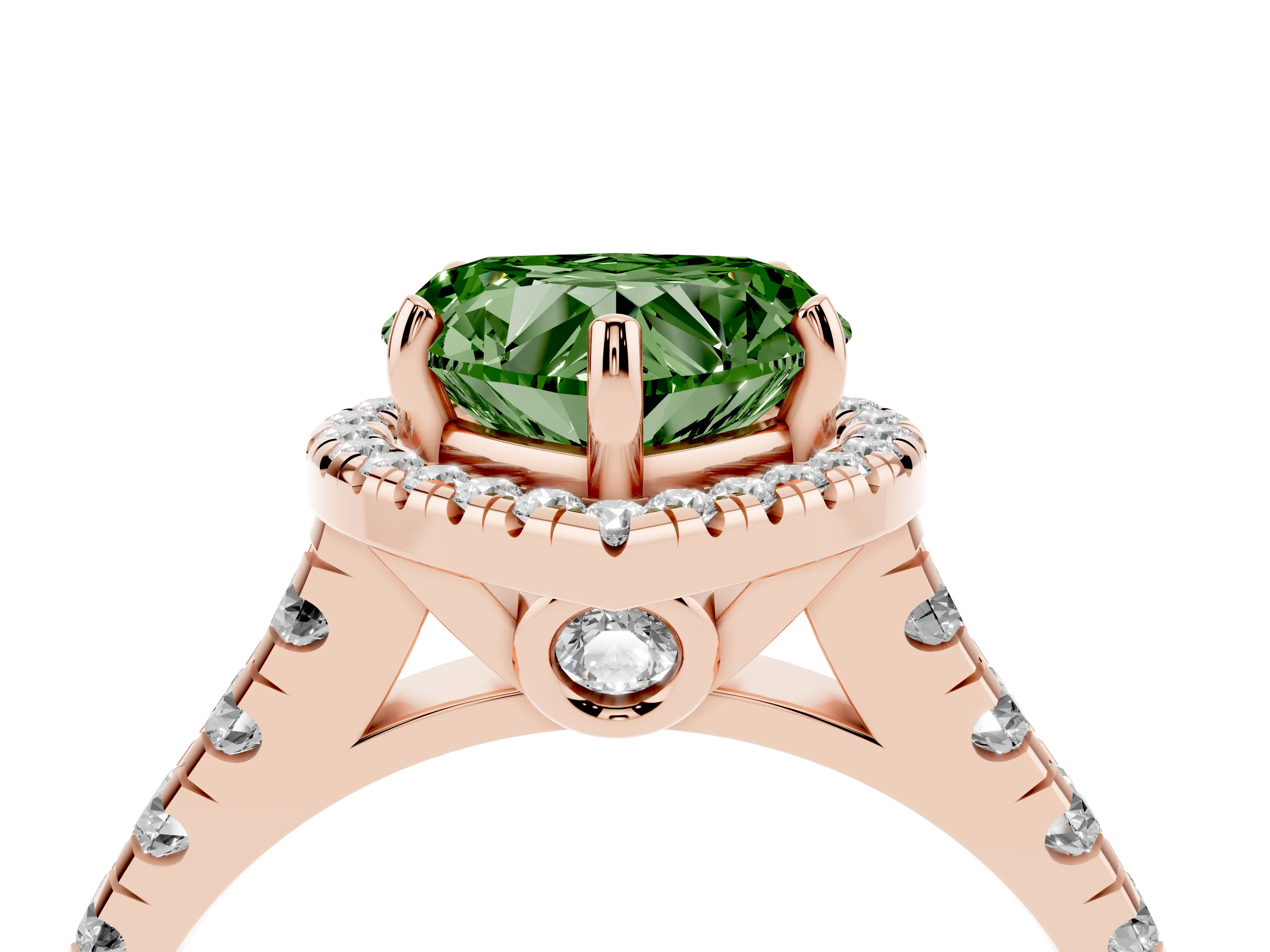 Fancy Green Heart Cut Diamond Halo Engagement Ring Set in Rose gold with Pavé Band and Prong-Set Center