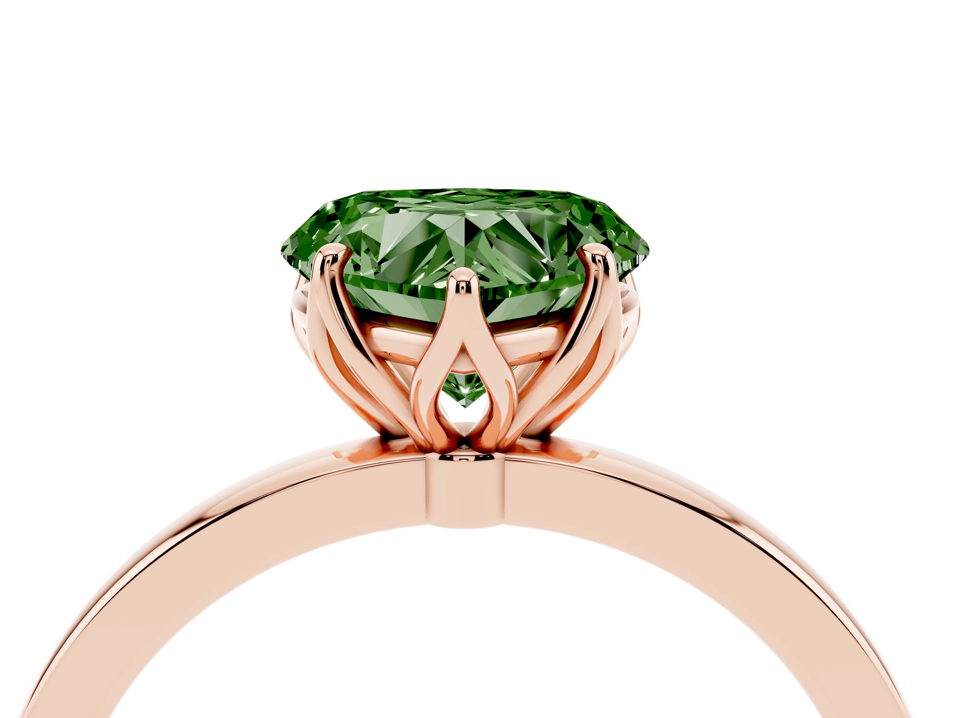 Fancy Green Heart Cut Diamond Solitaire Ring Set in Rose gold with Prong Setting and Thin Polished Band