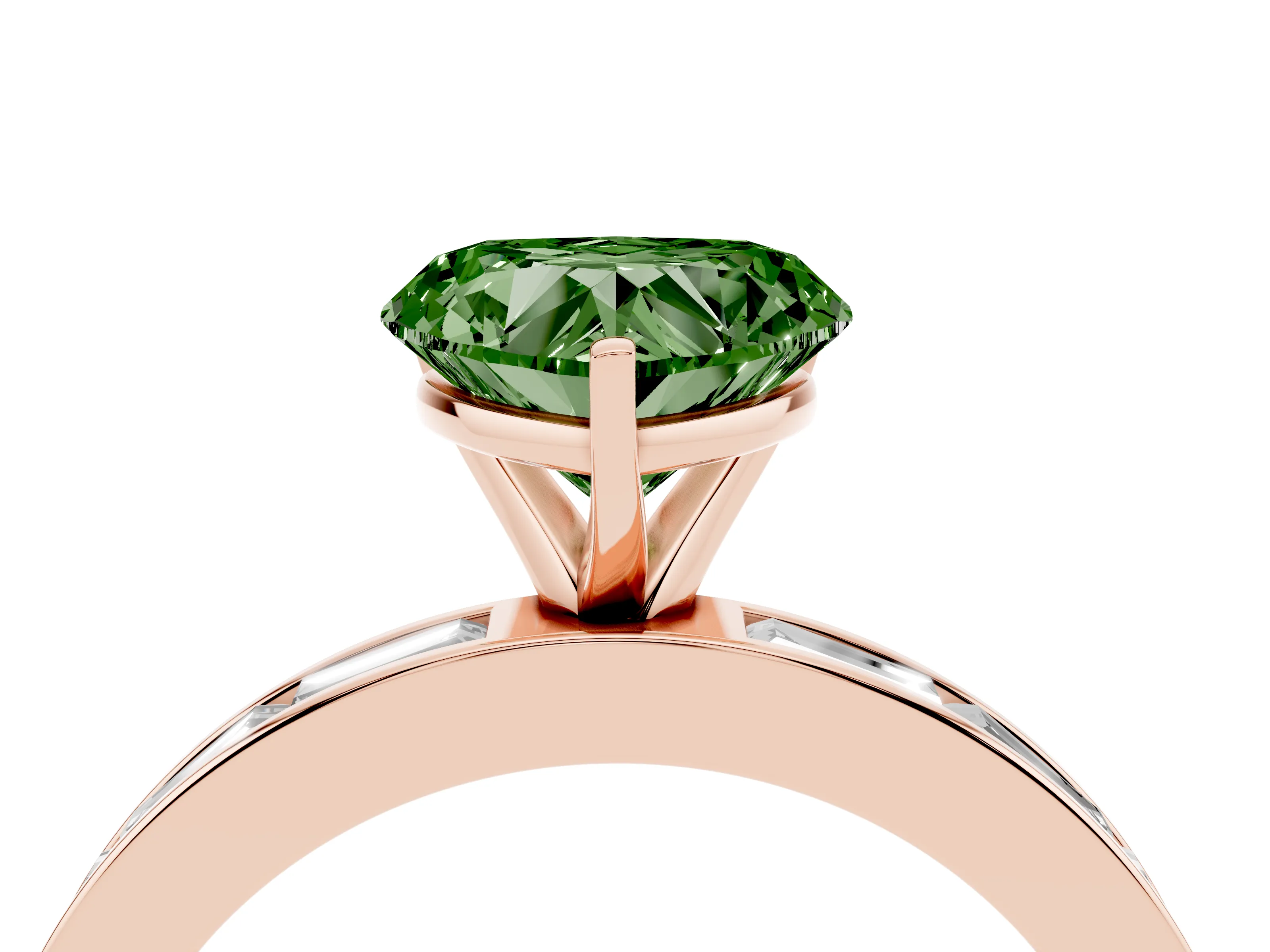 Fancy Green Heart Cut Diamond Solitaire Ring Set in Rose gold with Channel-Set Baguette Band and Prong Setting
