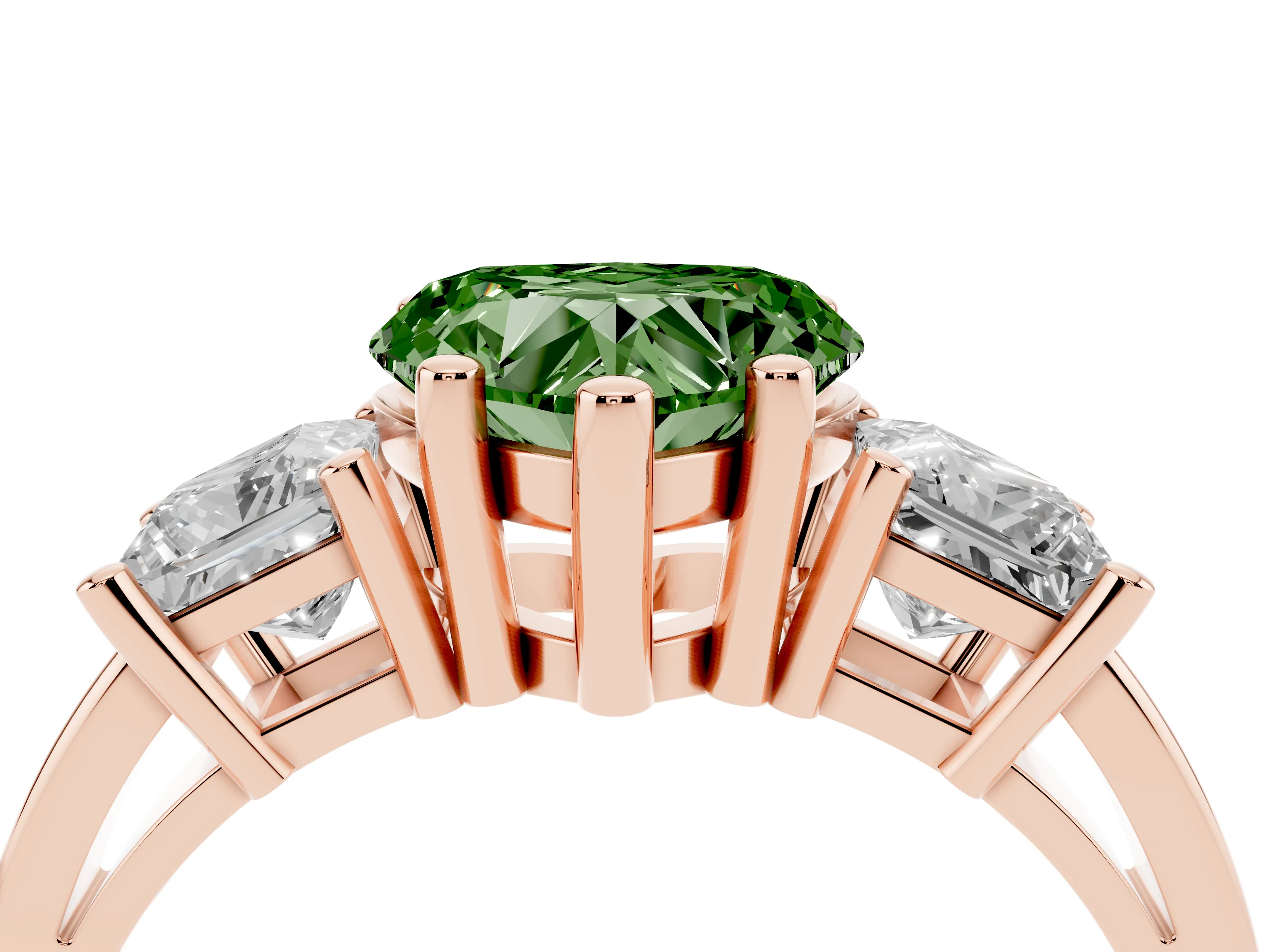 Fancy Green Three-Stone Heart Cut Diamond Solitaire Ring Set in Rose gold with Prong Setting