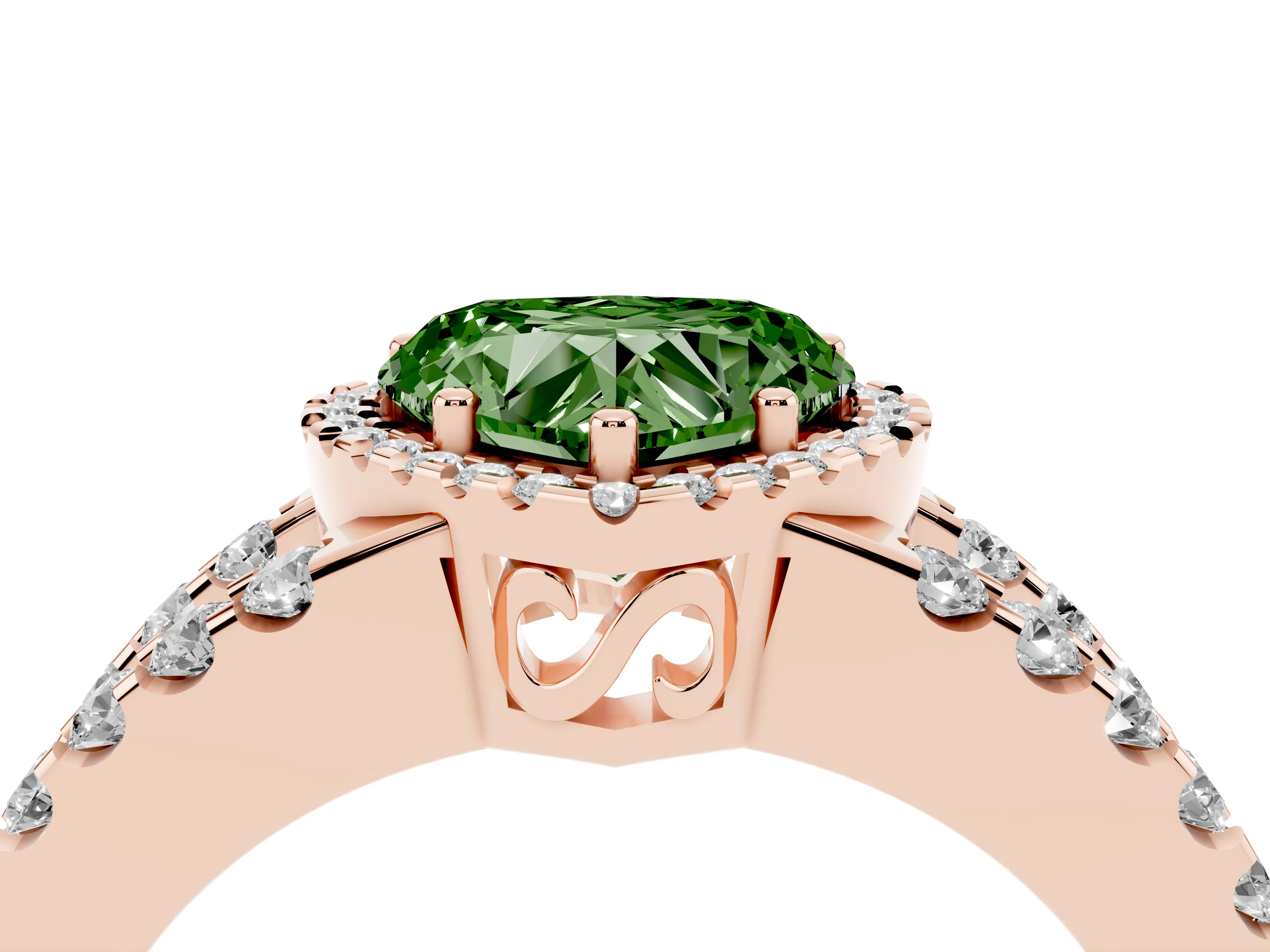 Fancy Green Heart Cut Diamond Halo Ring Set in Rose gold with Pavé Split Shank and Prong Setting
