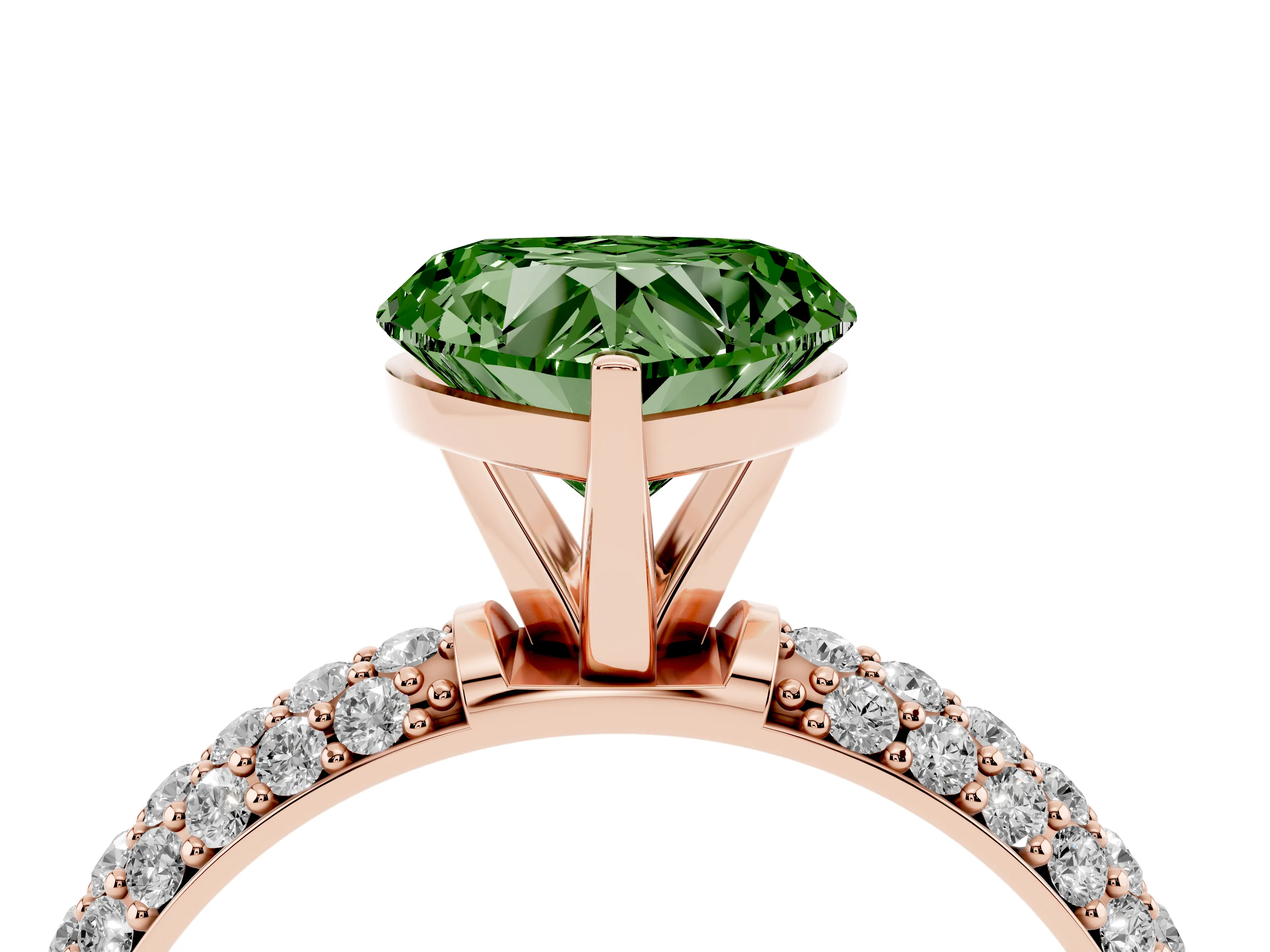 Fancy Green Heart Cut Diamond Solitaire Ring Set in Rose gold with Prong Setting and Pavé-Set Band