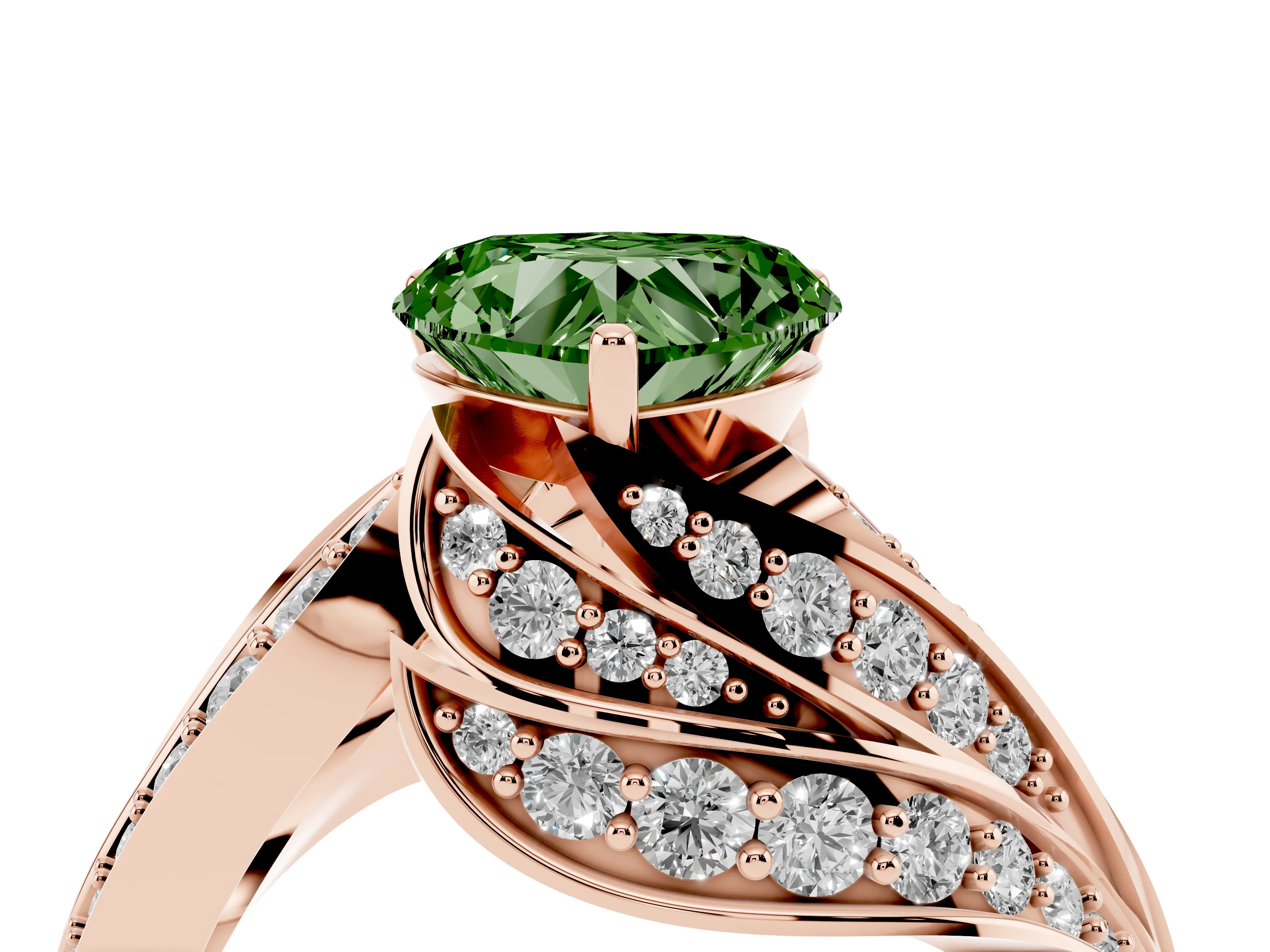 Fancy Green Heart Cut Diamond Solitaire Ring Set in Rose gold with Layered Twist Pavé Band