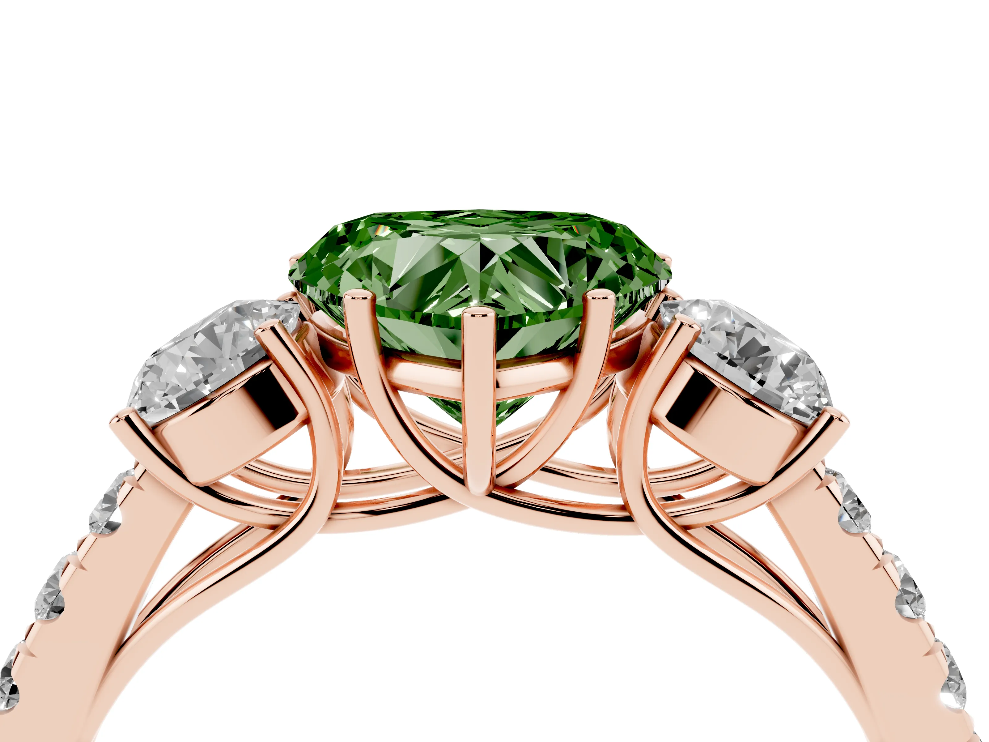Fancy Green Heart Cut Diamond Three-Stone Ring Set in Rose gold with Round Side Stones and Delicate Pavé Band