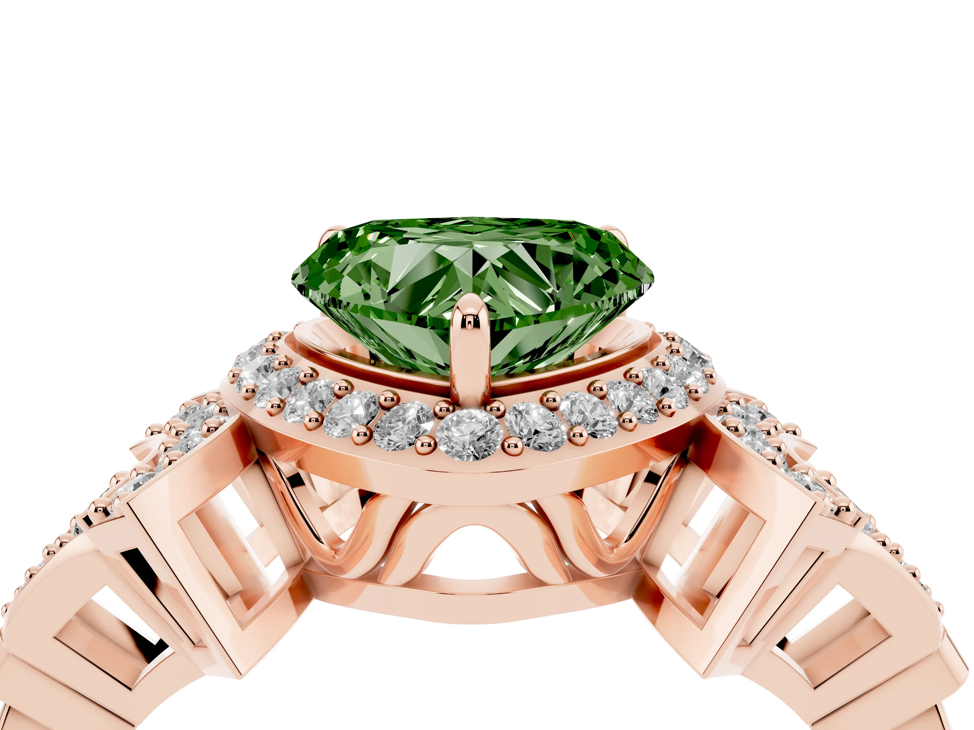 Fancy Green Heart Cut Diamond Halo Engagement Ring Set in Rose gold with Accent Stone Split Shank