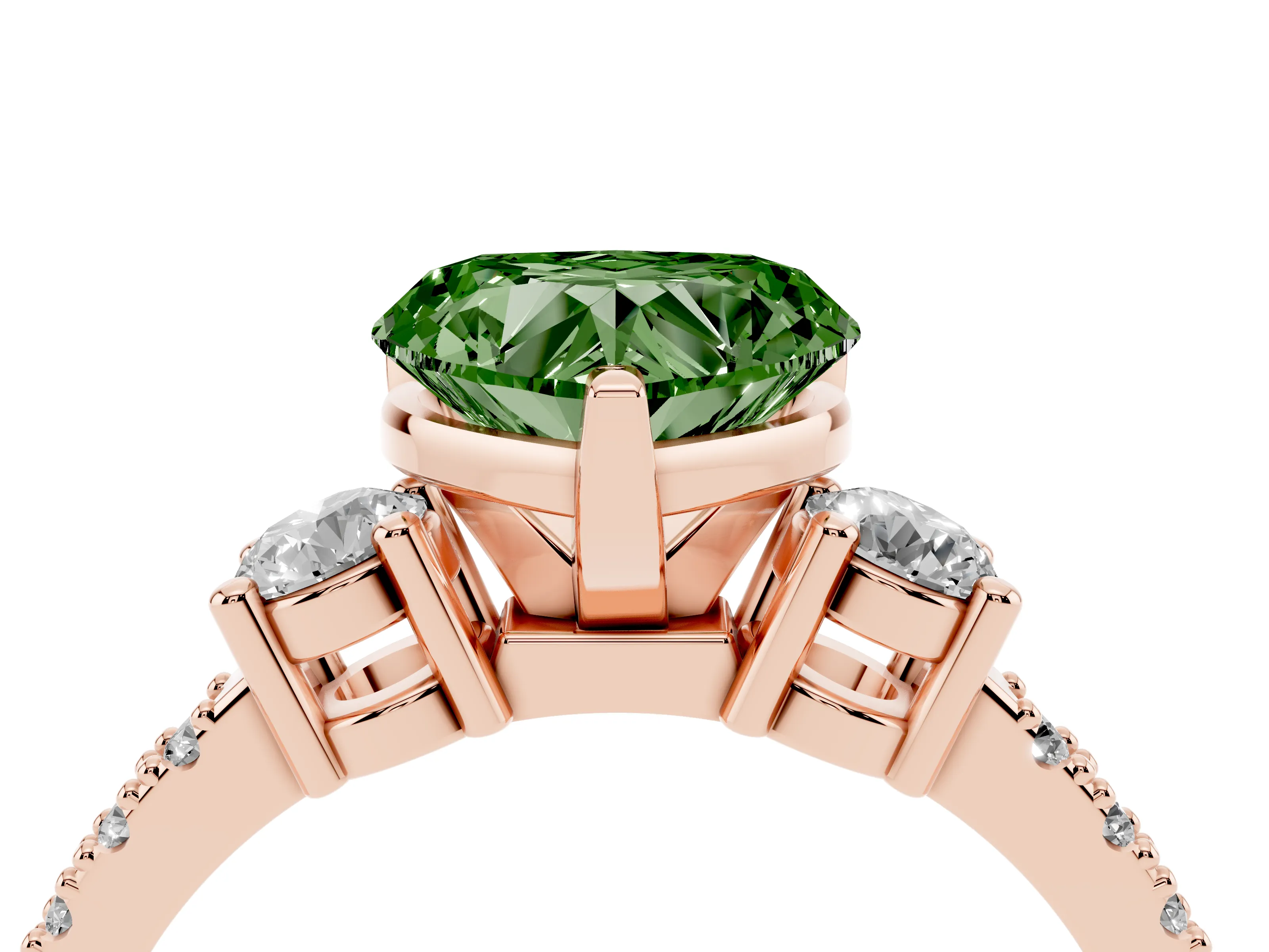 Fancy Green Three-Stone Heart Cut Diamond Pavé Band Ring Set in Rose gold with Prong Setting