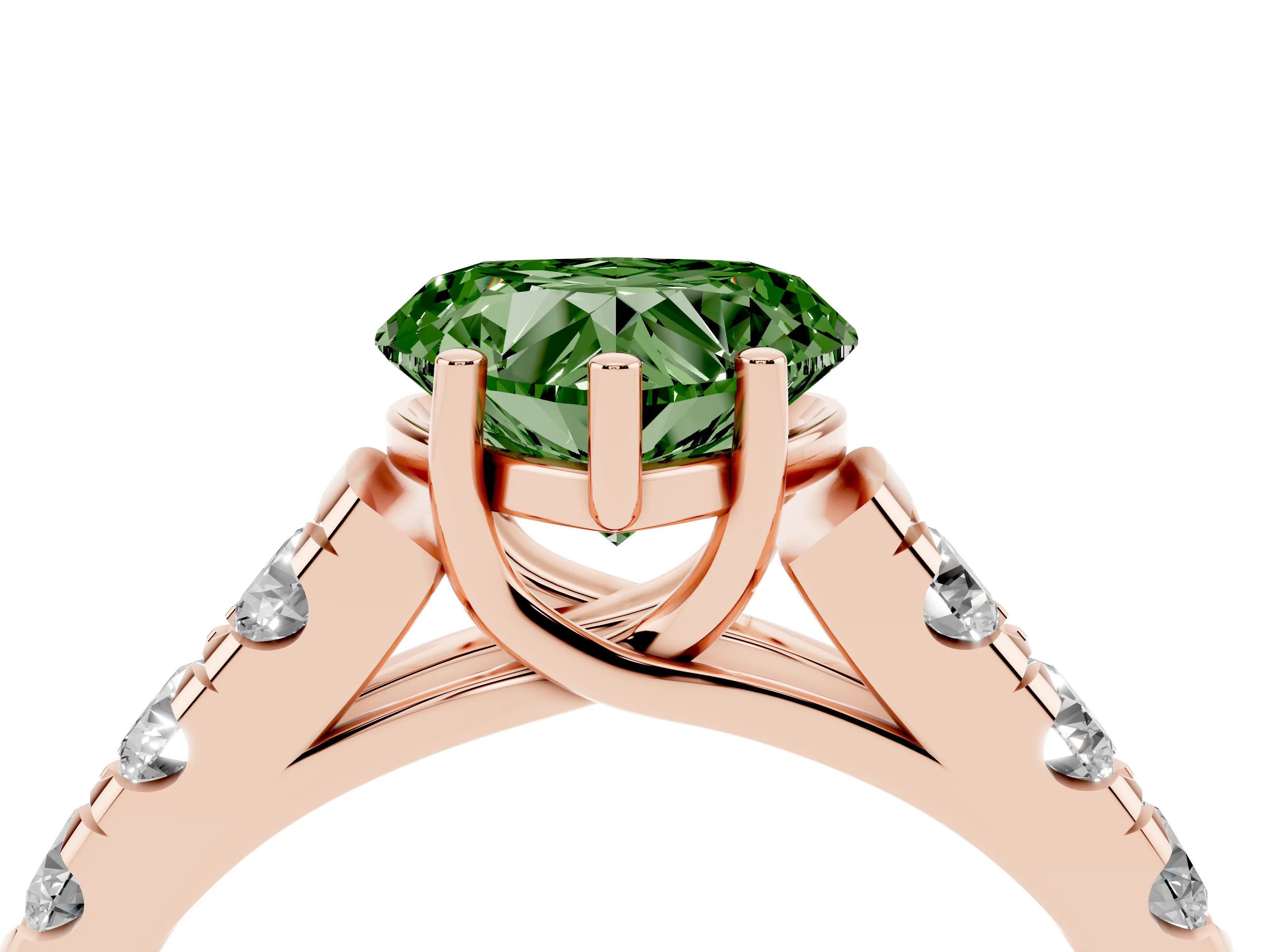 Fancy Green Heart Cut Diamond Solitaire Ring Set in Rose gold with Cut-Down Micro Pavé Band and Prong Setting