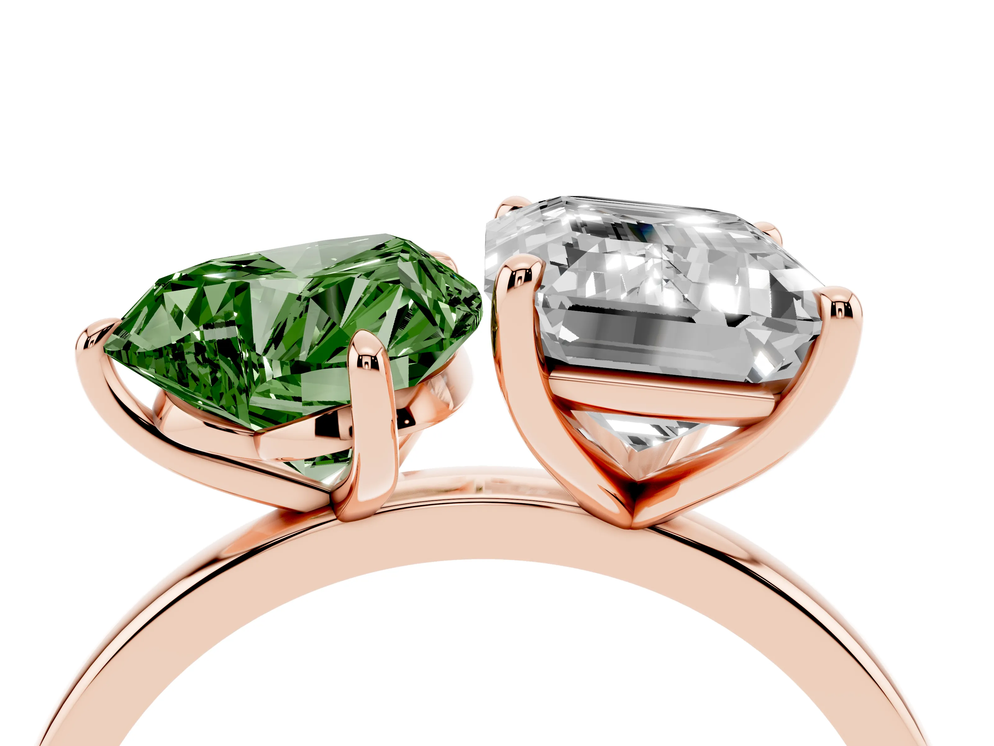 Fancy Green Heart Cut and Emerald Cut Toi Moi Ring Set in Rose gold with Prong Setting