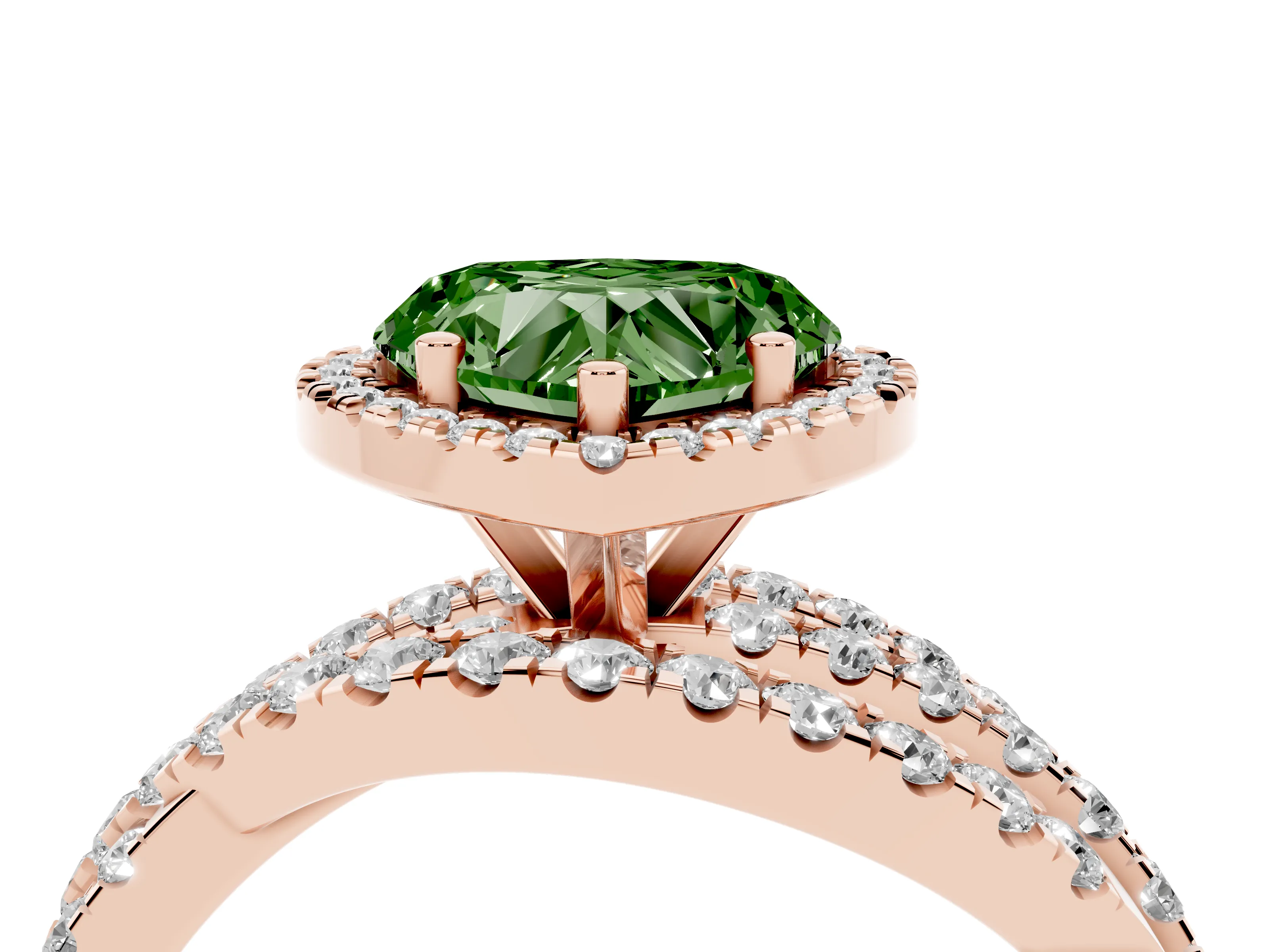 Fancy Green Heart Cut Diamond Halo Ring Set in Rose gold with Round Crossover Split Shank and Prong Setting