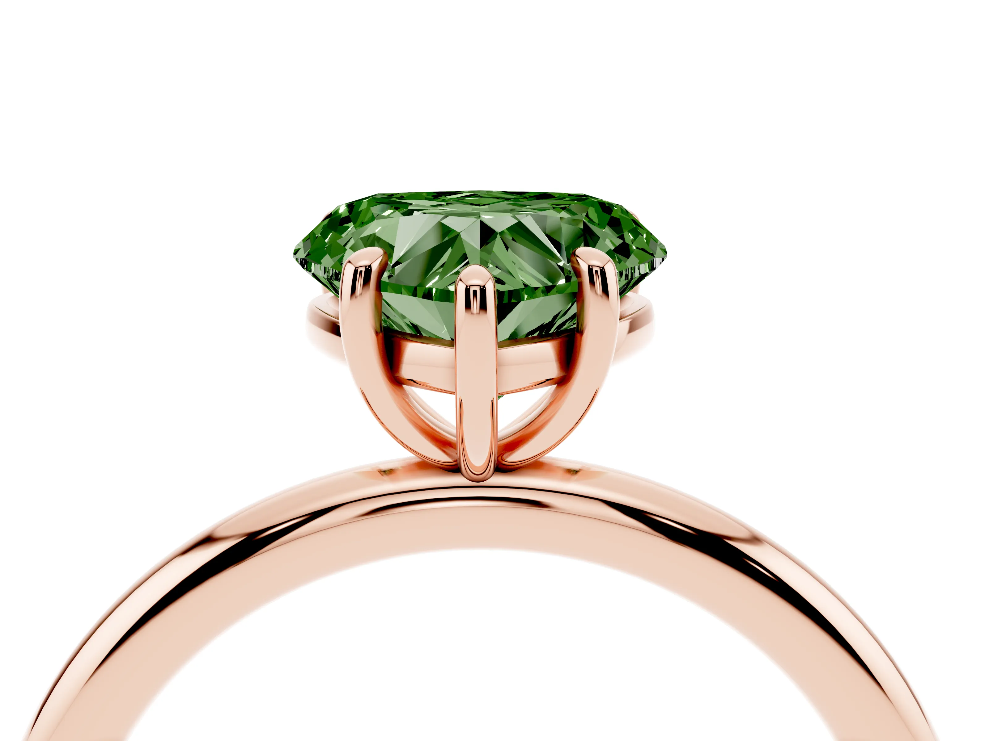 Fancy Green Heart Cut Diamond Solitaire Ring Set in Rose gold with Prong Setting on a Polished Plain Band