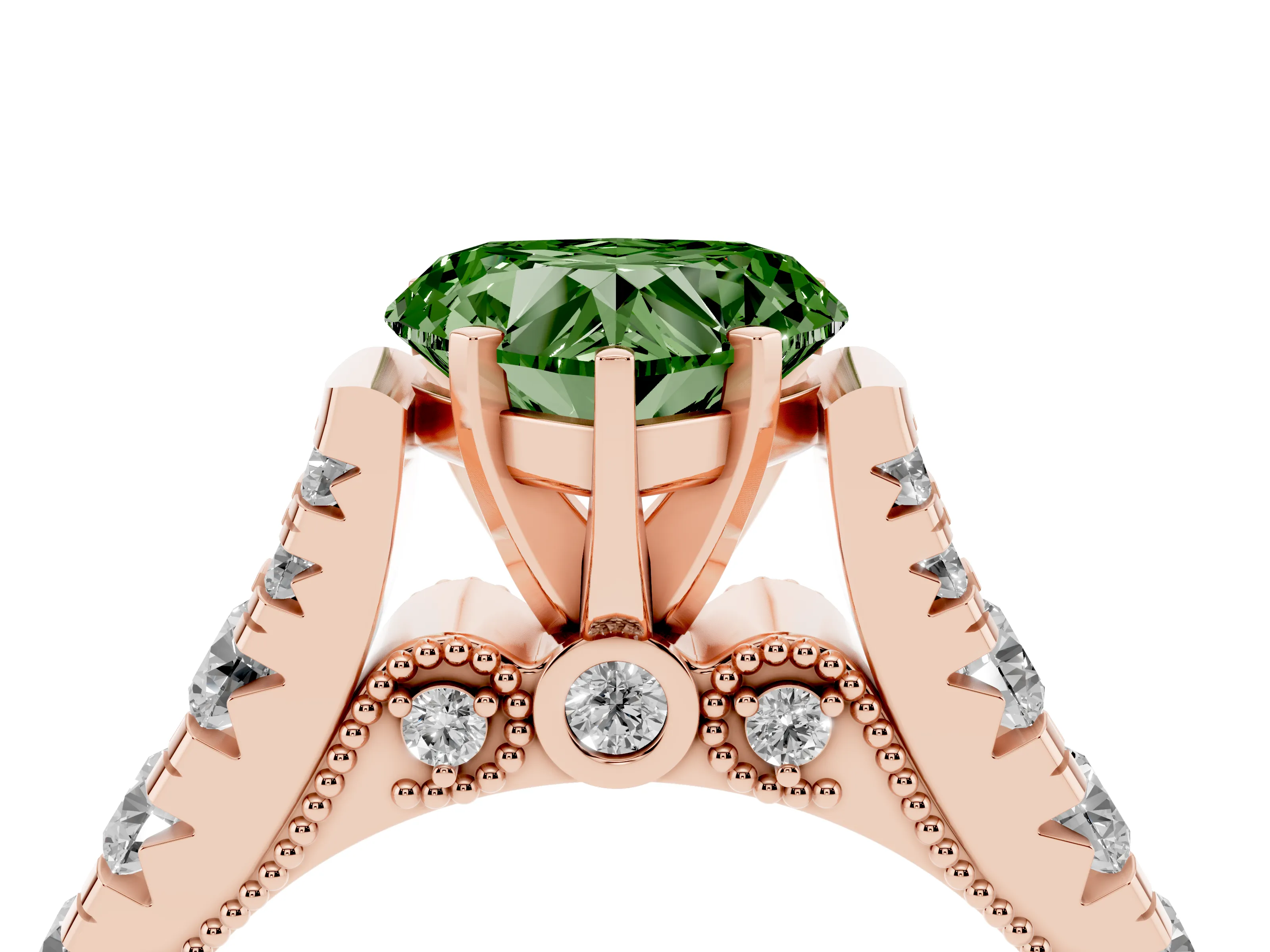 Fancy Green Heart Cut Diamond Classic Solitaire Ring Set in Rose gold with Pavé Band and Prong Setting