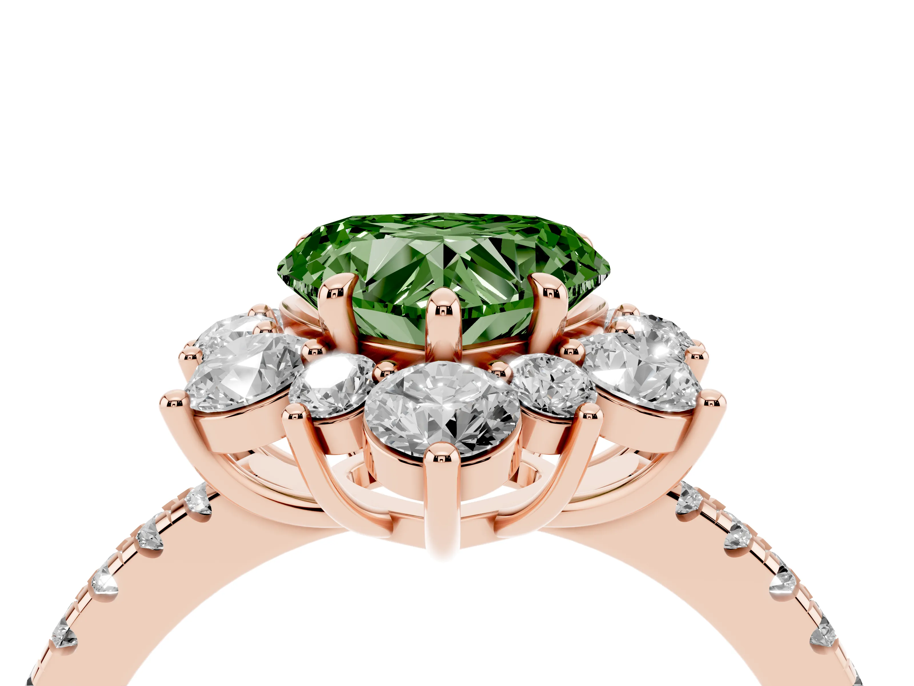 Fancy Green Heart Cut Diamond Floral Halo Ring Set in Rose gold with Round Pavé Band and Prong Setting
