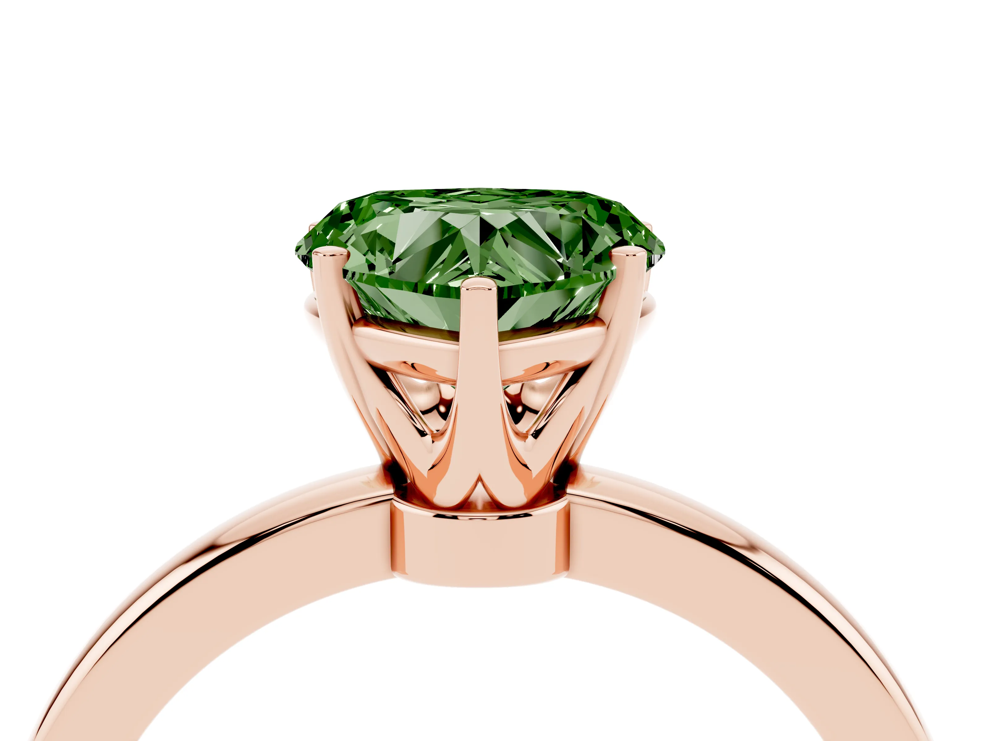Fancy Green Heart Cut Diamond Solitaire Ring Set in Rose gold with Raised Prong Setting on a Classic Band