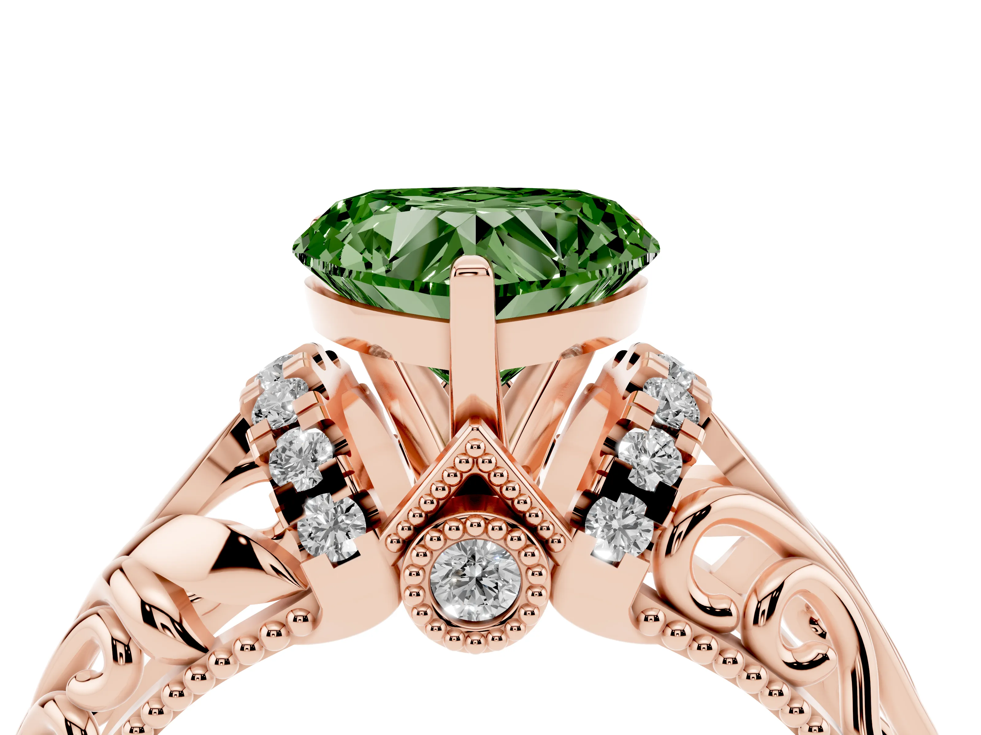 Fancy Green Heart Cut Diamond Filigree Halo Engagement Ring Set in Rose gold with Prong Setting