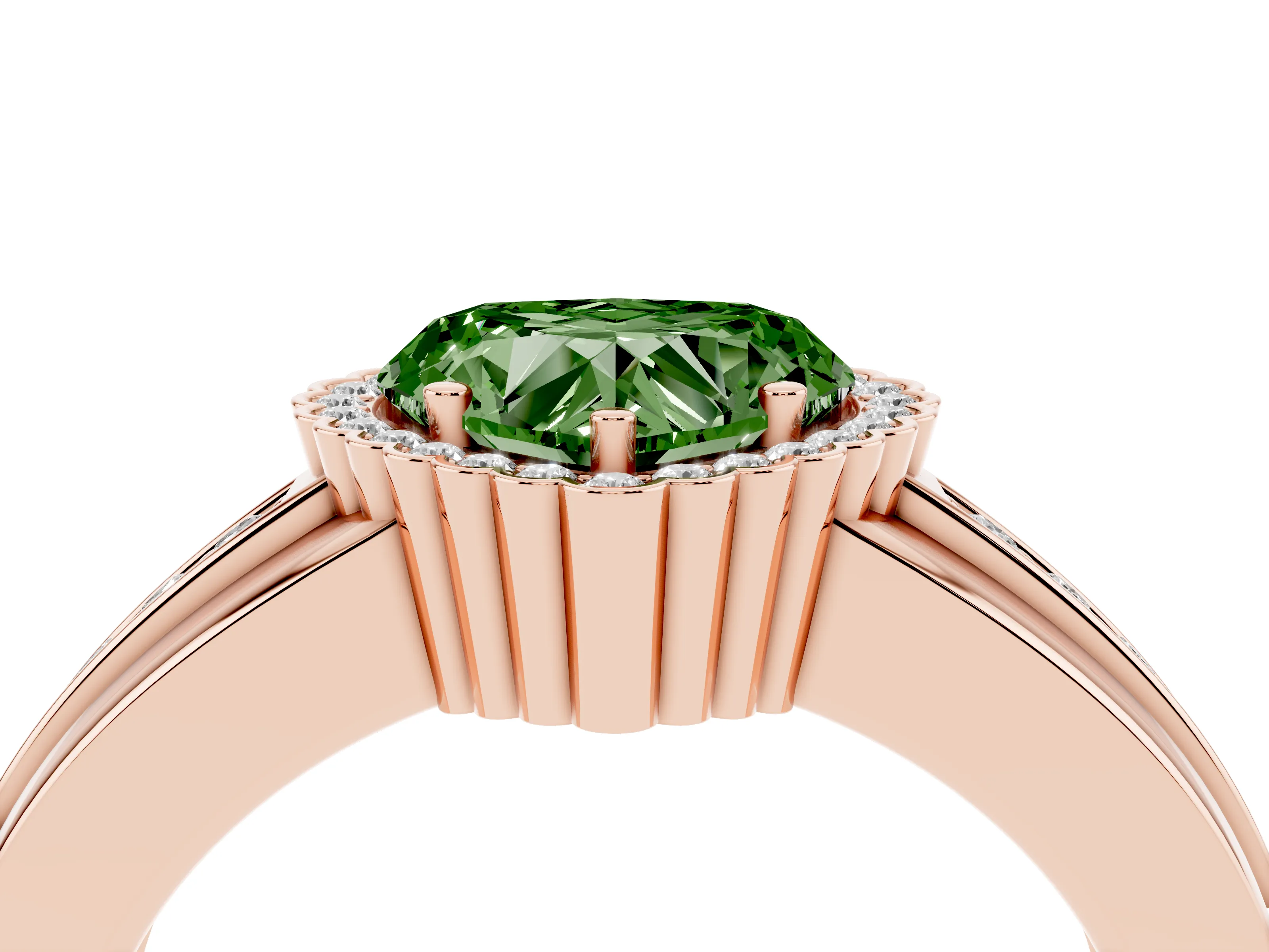 Fancy Green Heart Cut Diamond Halo Prong Ring Set in Rose gold with Pavé Band