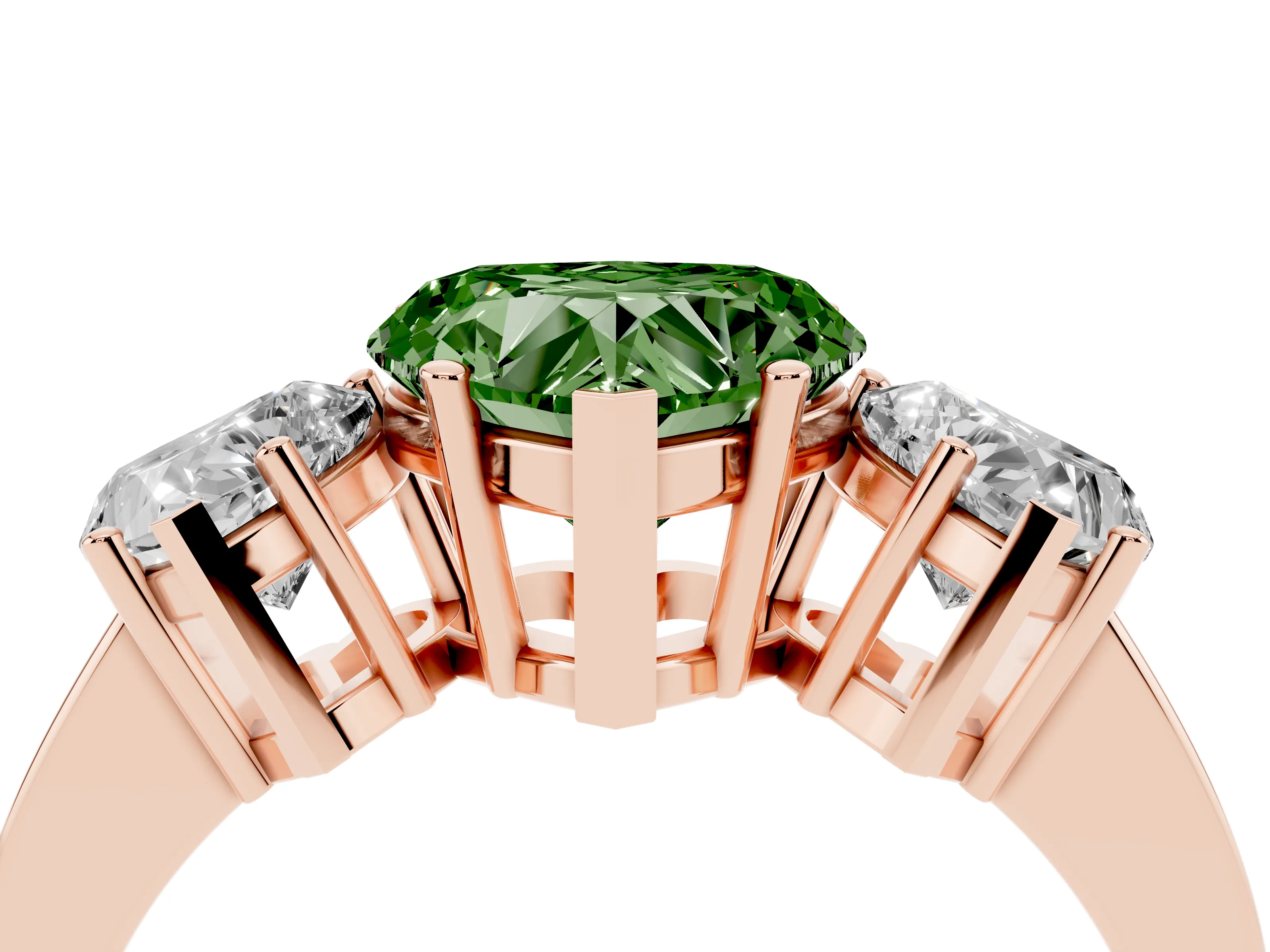Fancy Green Heart Cut Diamond Three-Stone Engagement Ring Set in Rose gold with Flat Band