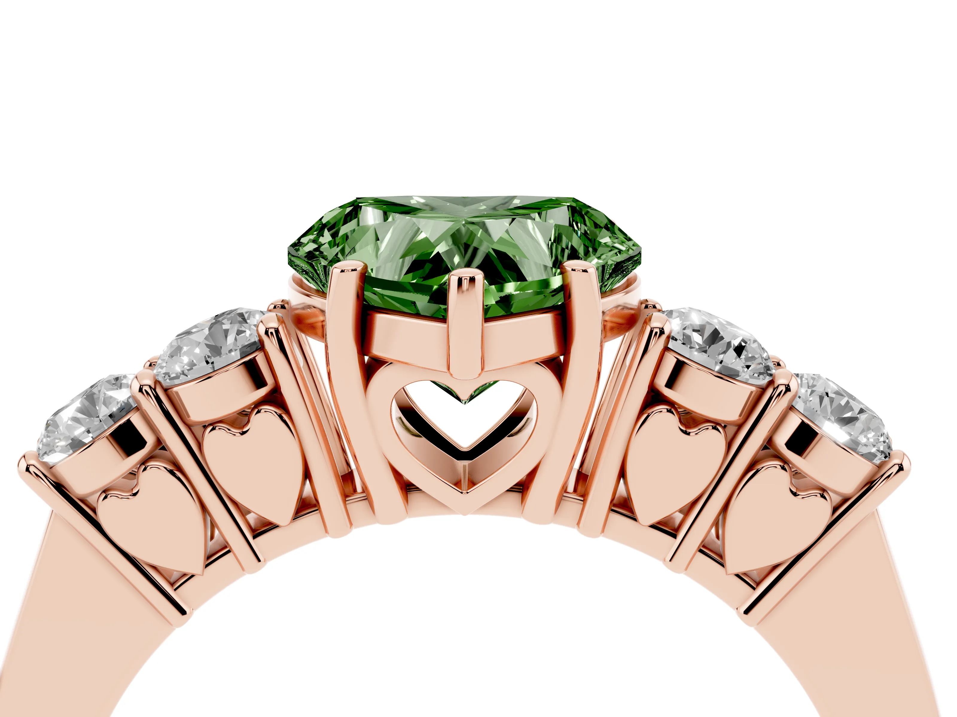 Fancy Green Heart Cut Diamond Five-Stone Prong Set Band Ring Set in Rose gold with Polished Band