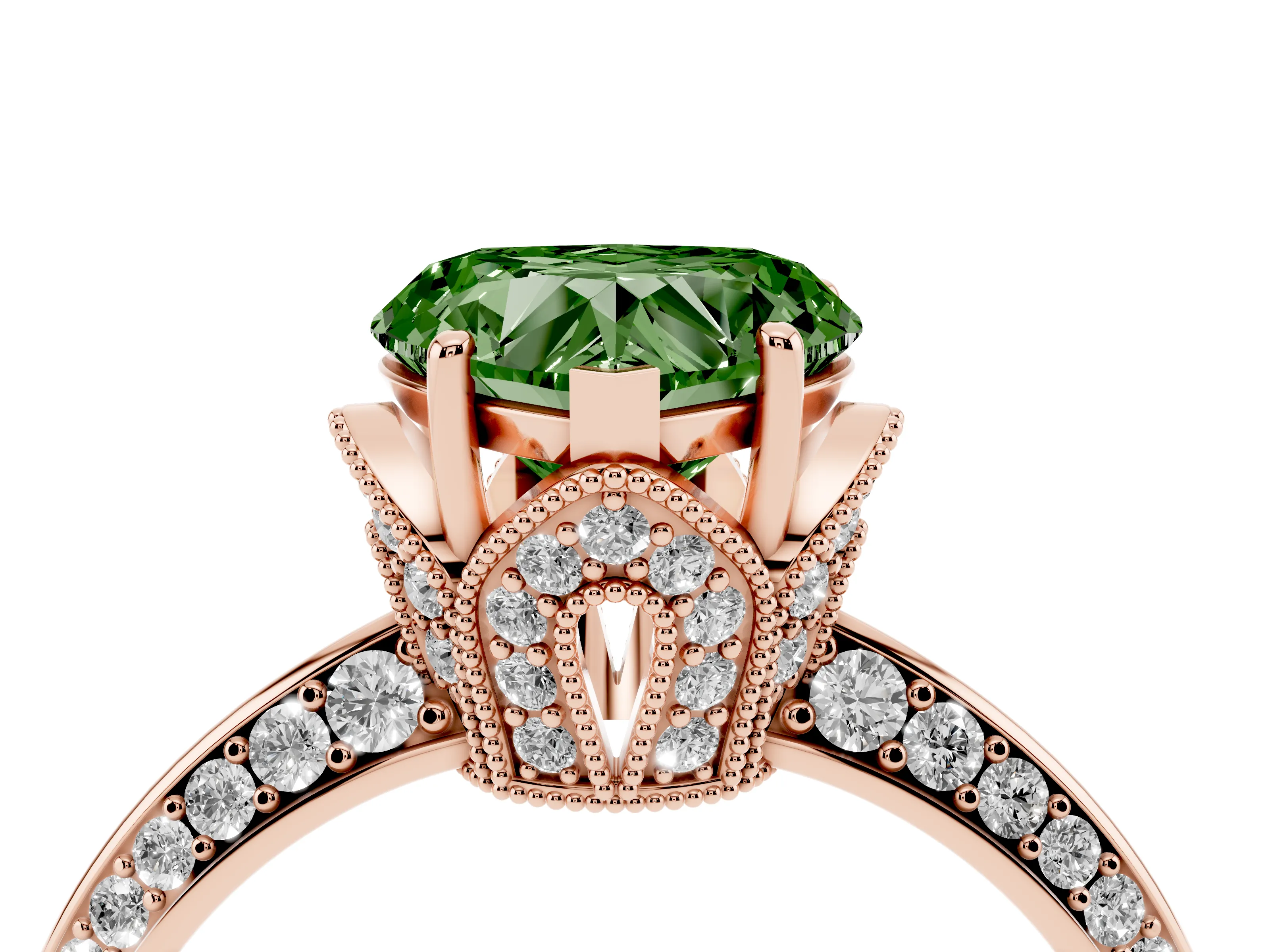 Fancy Green Heart Cut Diamond Solitaire Engagement Ring Set in Rose gold with Pavé Split Shank and Prong Setting