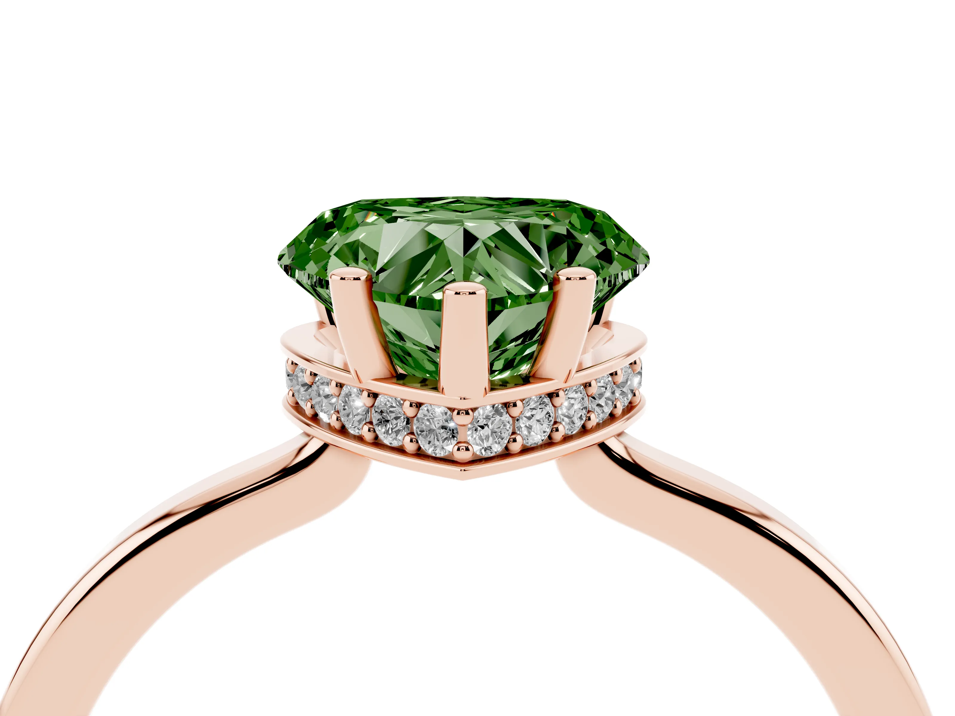 Fancy Green Heart Cut Diamond Solitaire Engagement Ring Set in Rose gold with Prong Setting on a Plain Band