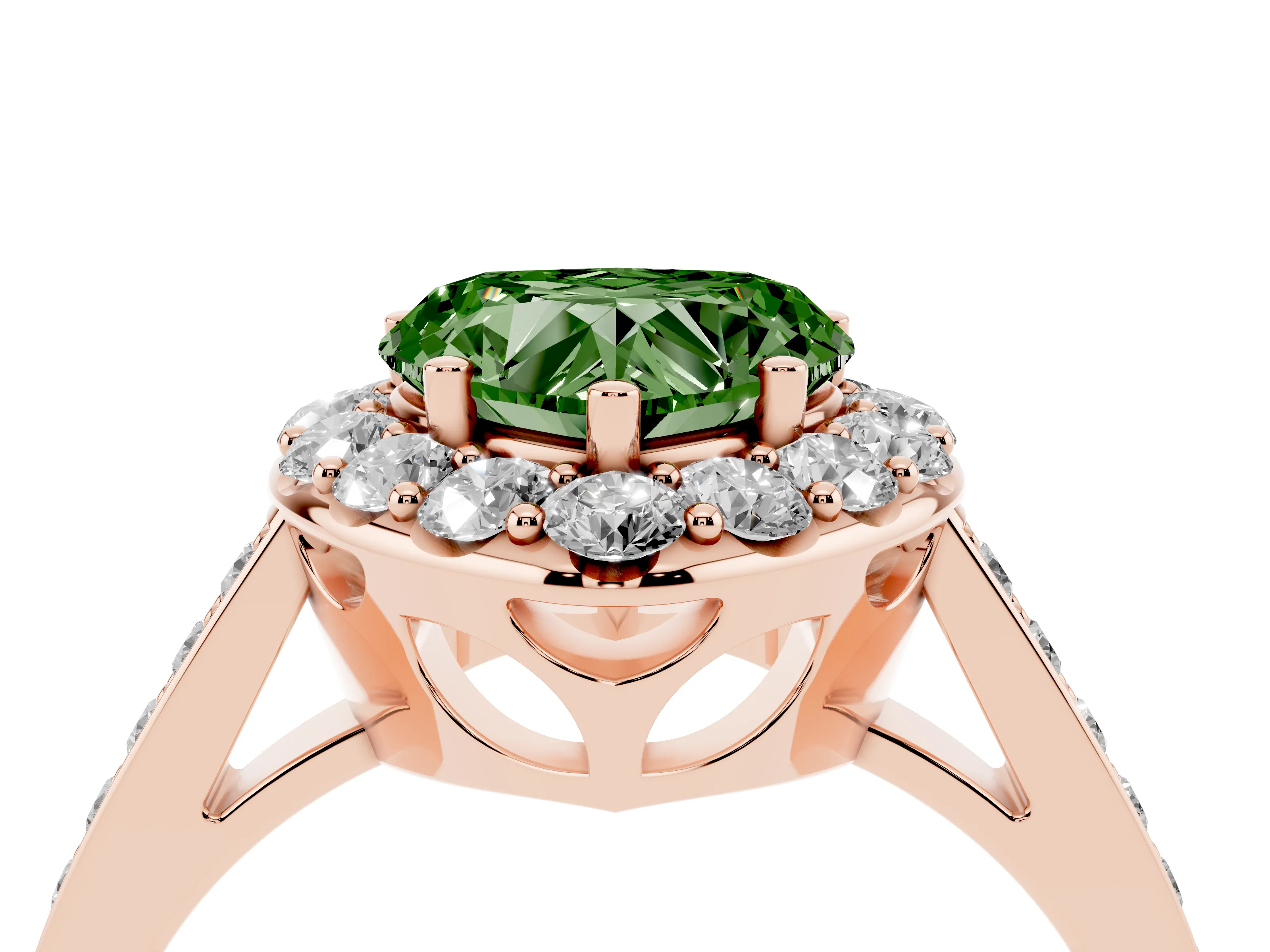 Fancy Green Heart Cut Diamond Floral Halo Ring Set in Rose gold with Pavé Band and Prong Setting