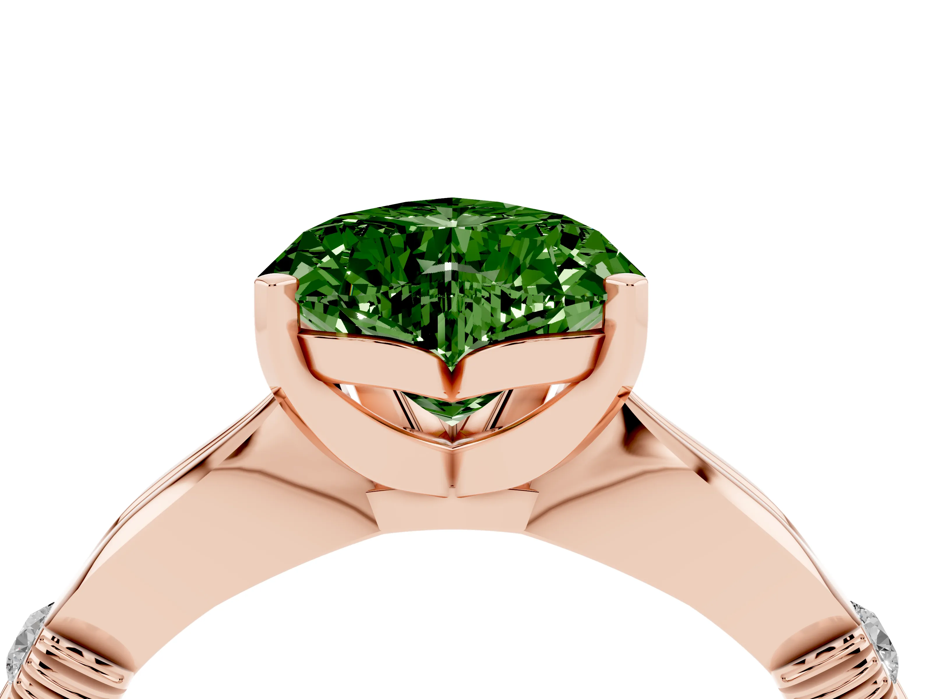 Fancy Green Heart Cut Diamond Solitaire Twisted Band Ring Set in Rose gold with Accent Stones and Prong Setting