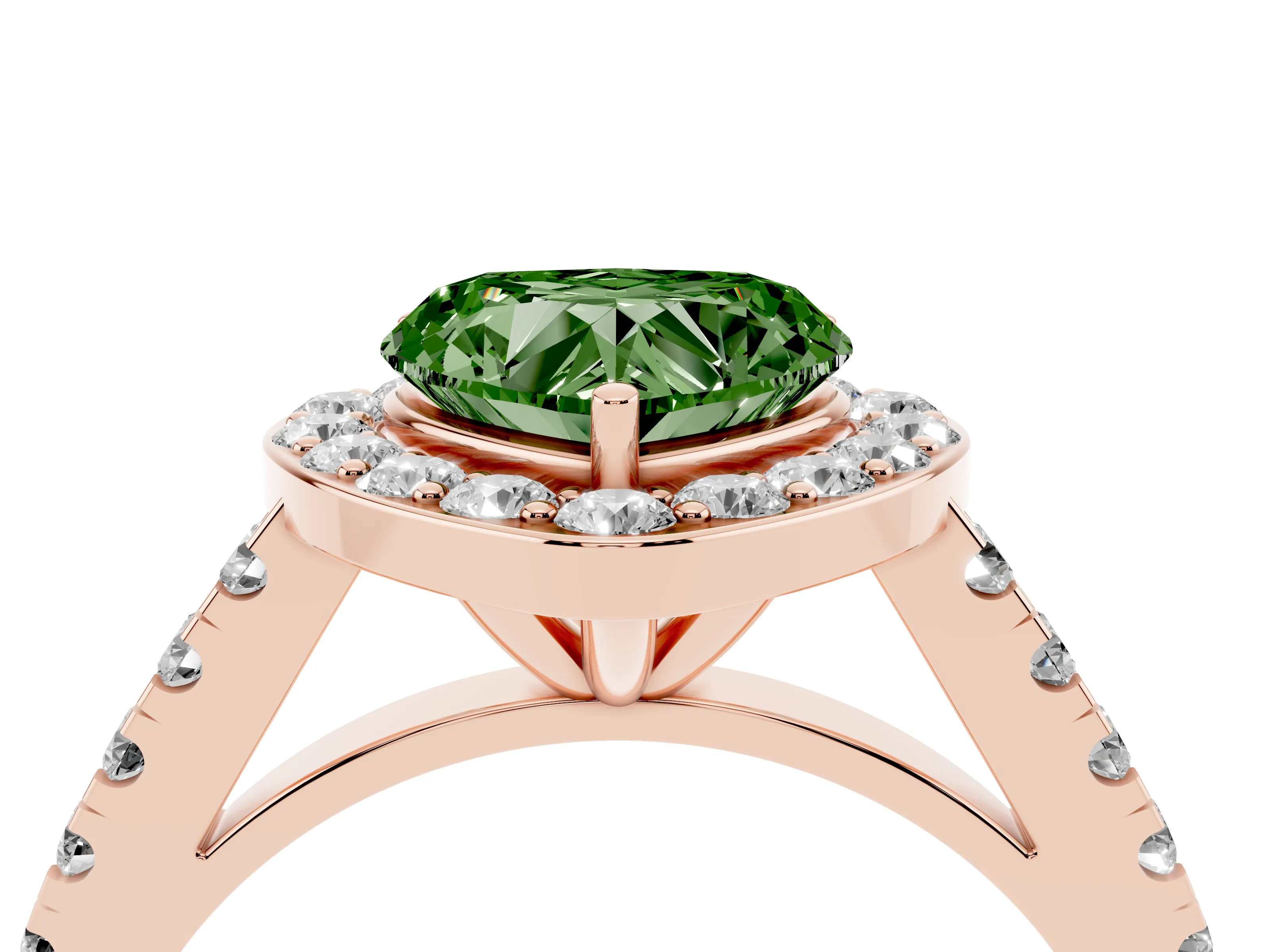 Fancy Green Heart Cut Diamond Halo Ring Set in Rose gold with Round Pavé Split Shank and Prong Setting