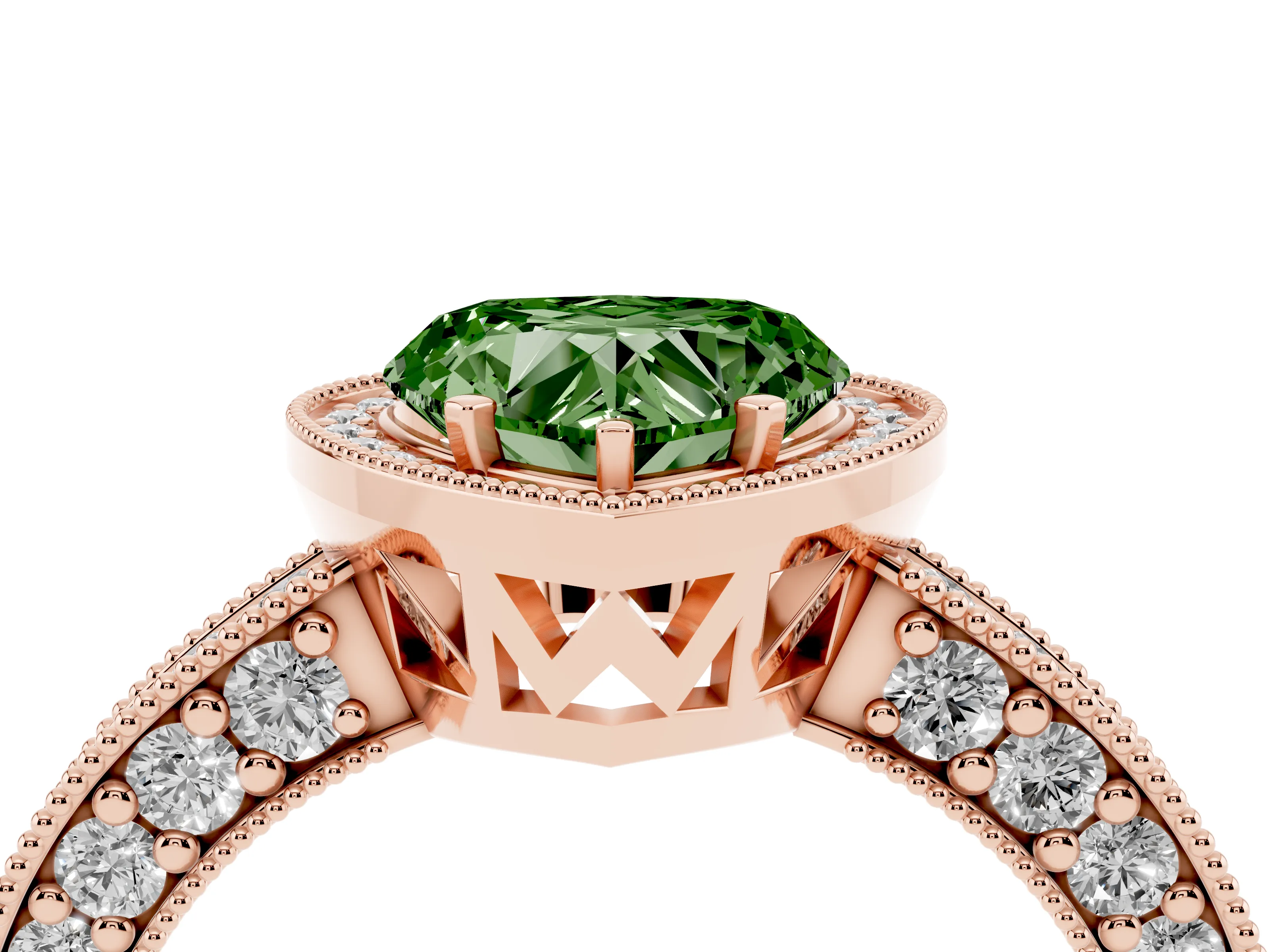 Fancy Green Heart Cut Diamond Halo Pavé Band Ring Set in Rose gold with Prong-Set Center