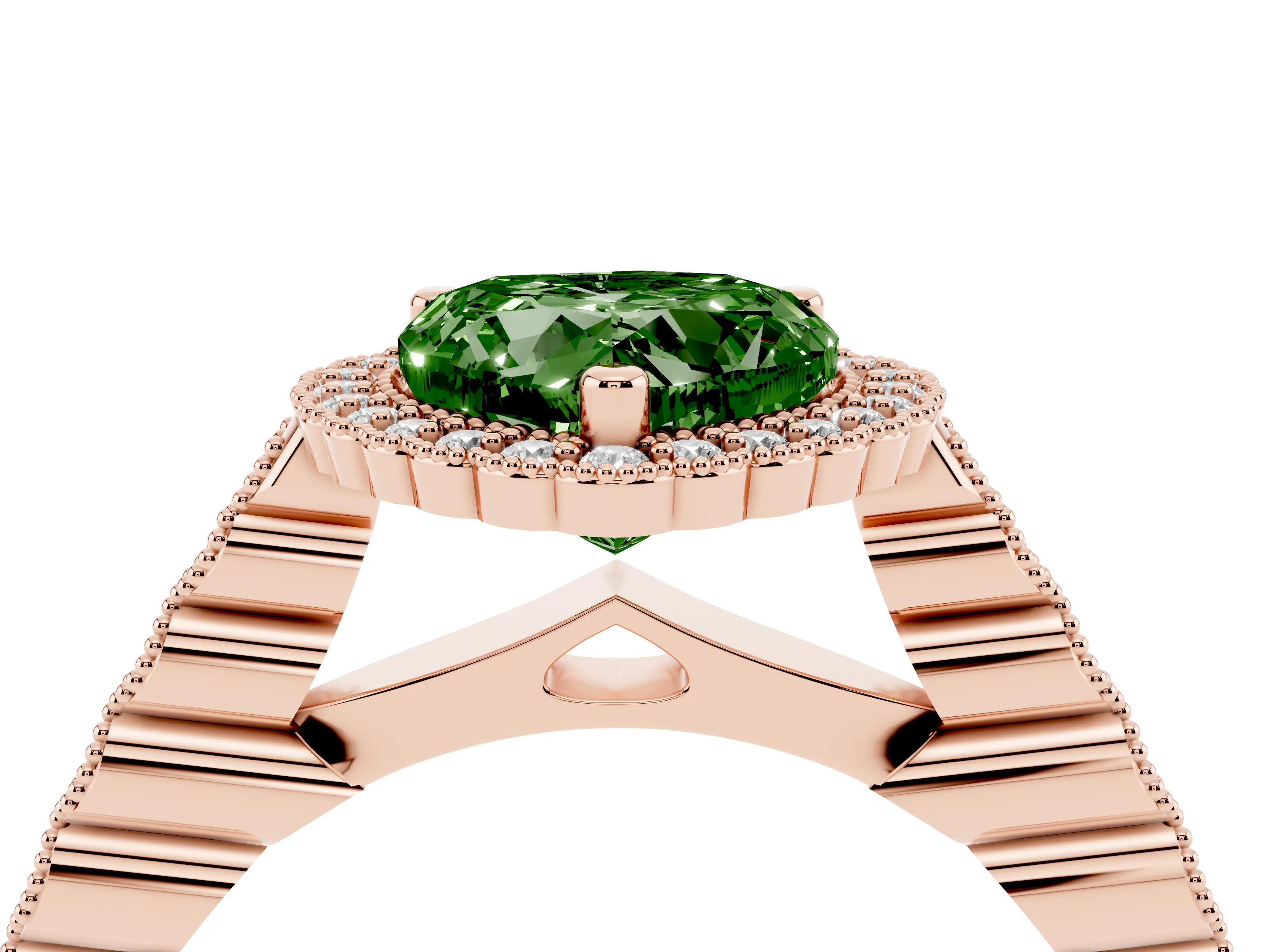 Fancy Green Heart Cut Diamond Halo Ring Set in Rose gold with Pavé Milgrain Band