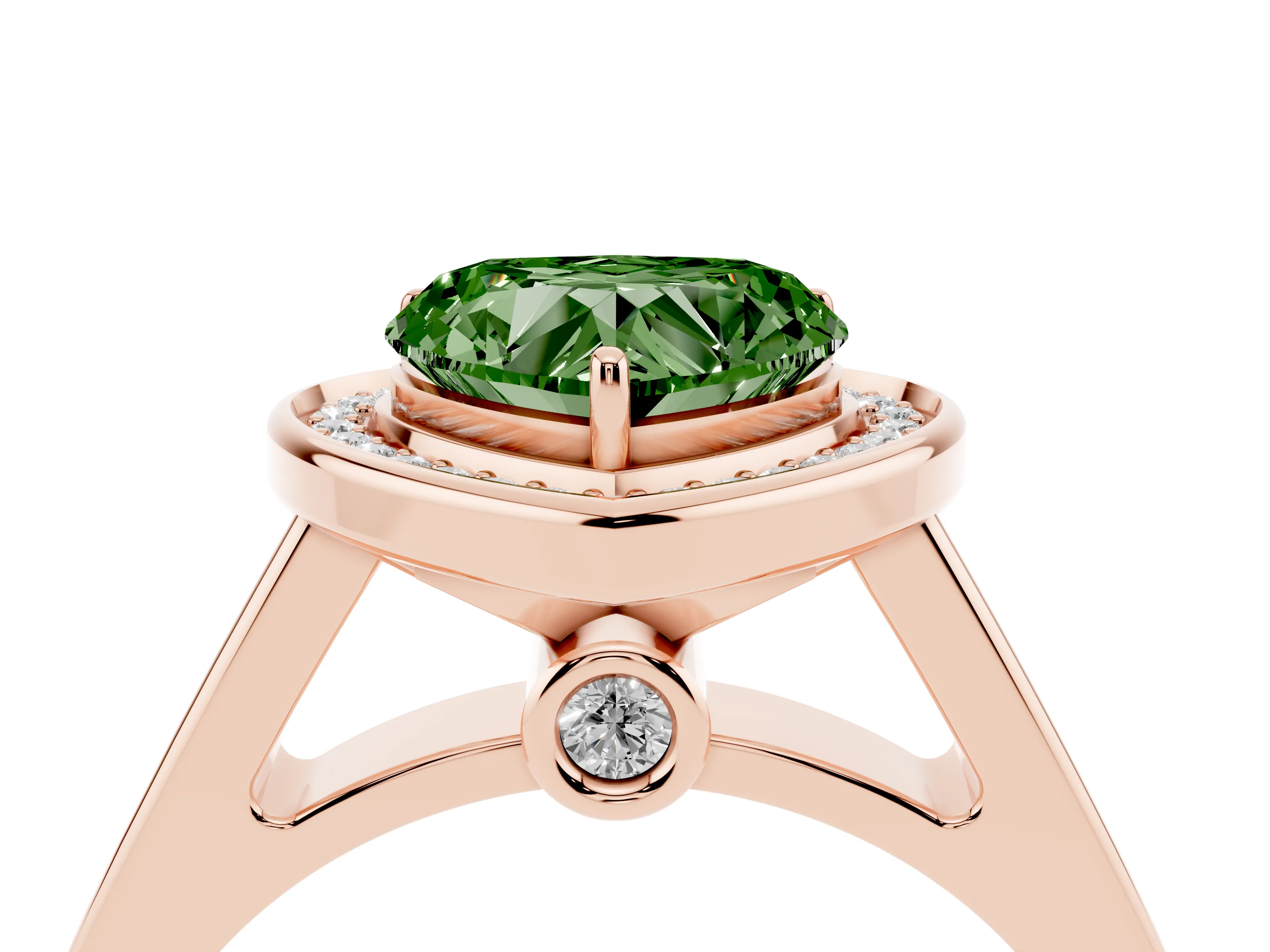 Fancy Green Heart Cut Diamond Halo Solitaire Ring Set in Rose gold with Pavé Band and Bezel Setting
