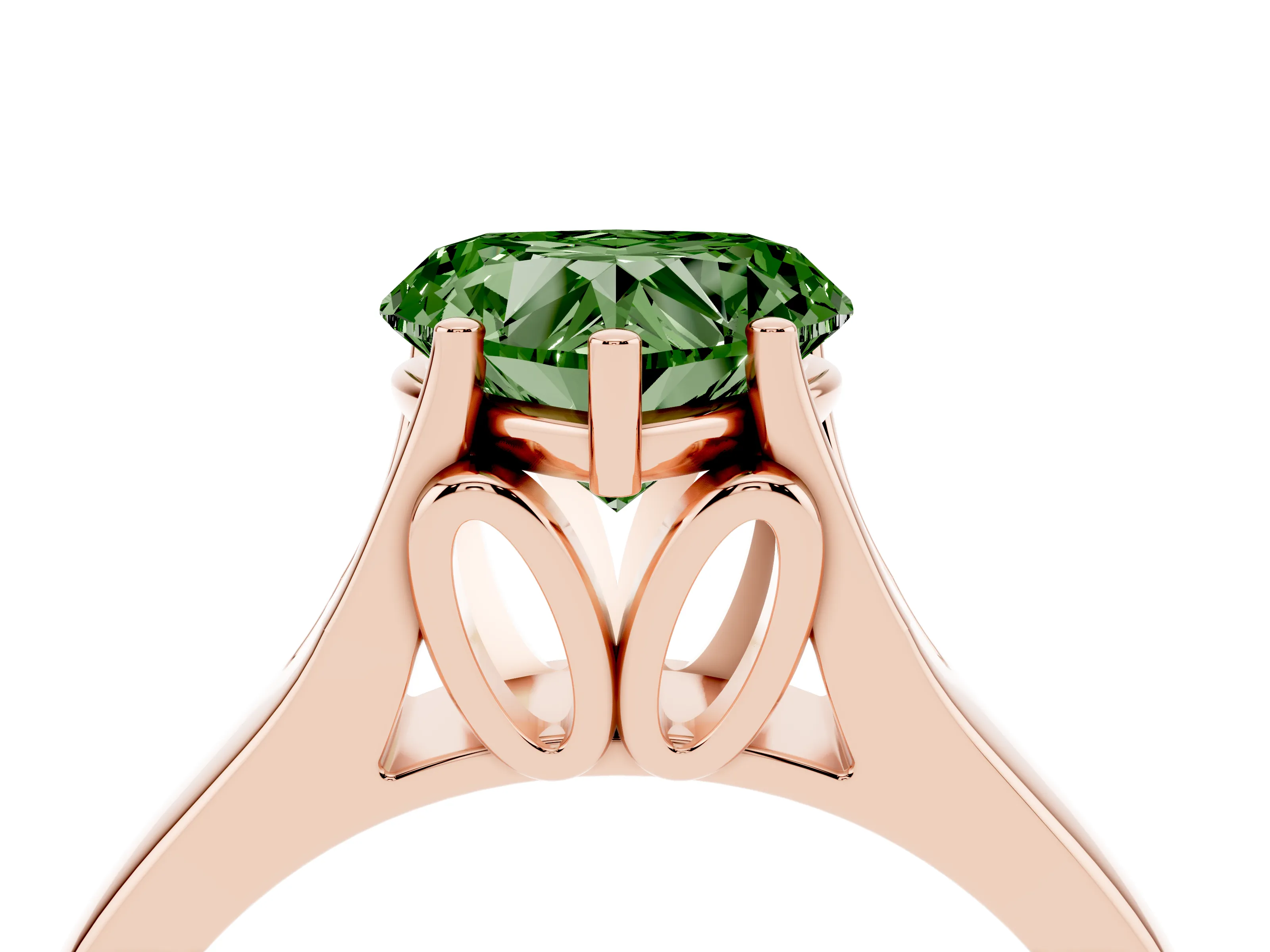 Fancy Green Heart Cut Diamond Solitaire Ring Set in Rose gold with Arched Cathedral Band and Prong Setting