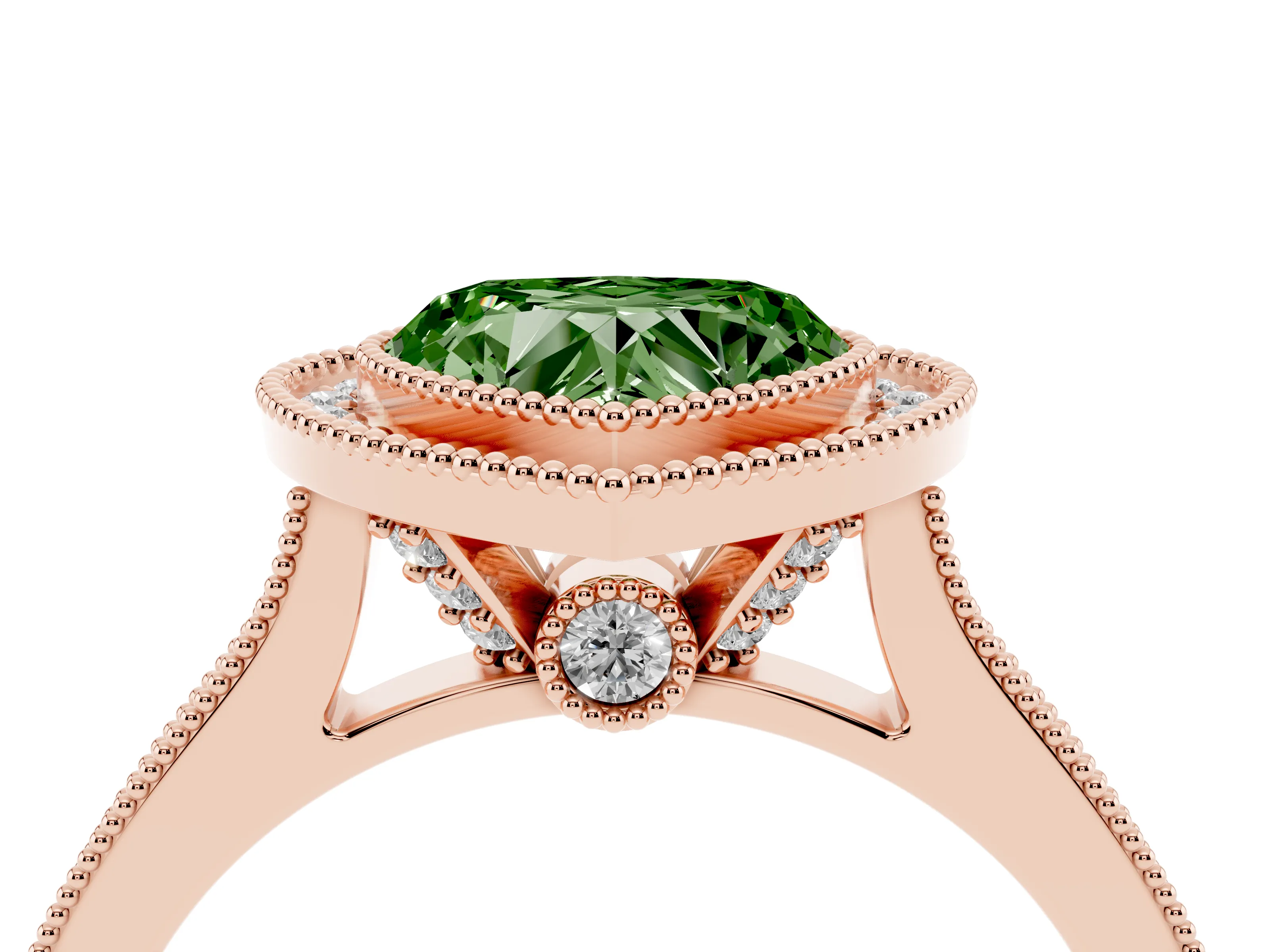 Fancy Green Heart Cut Diamond Halo Milgrain Pavé Band Ring Set in Rose gold with Prong Setting
