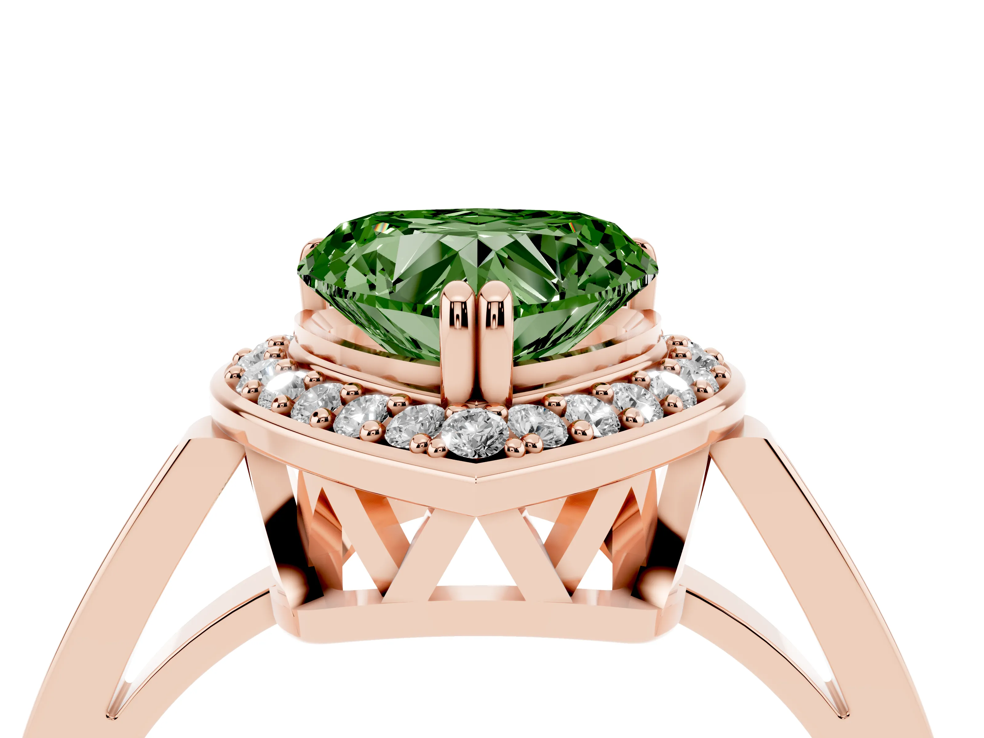Fancy Green Heart Cut Diamond Halo Ring Set in Rose gold with Accent-Lined Split Shank and Prong Setting