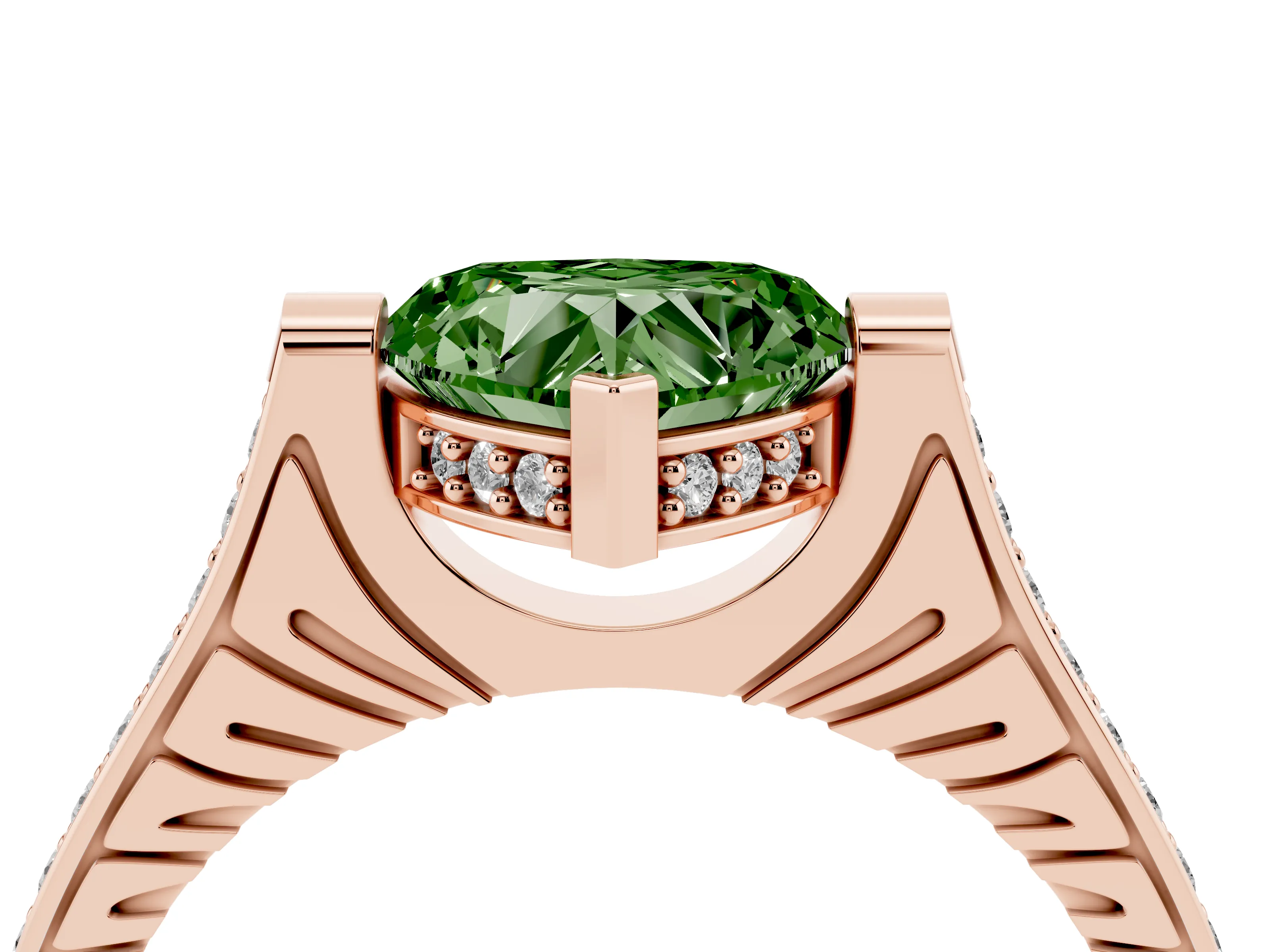 Fancy Green Heart Cut Diamond Solitaire Ring Set in Rose gold with Channel Set Band and Bezel Prong Setting