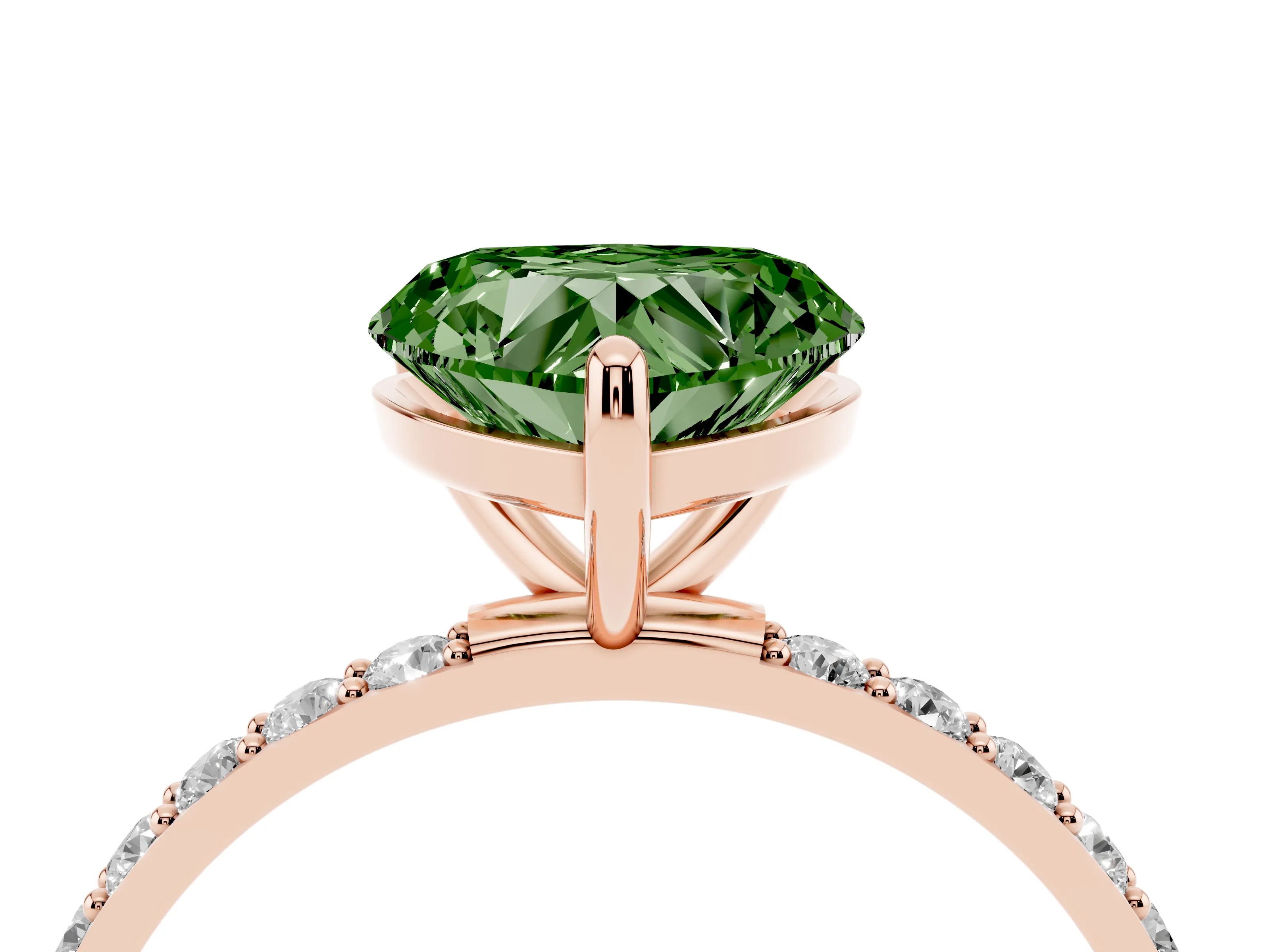Fancy Green Heart Cut Diamond Solitaire Ring Set in Rose gold with Round Pavé Band and Prong Setting